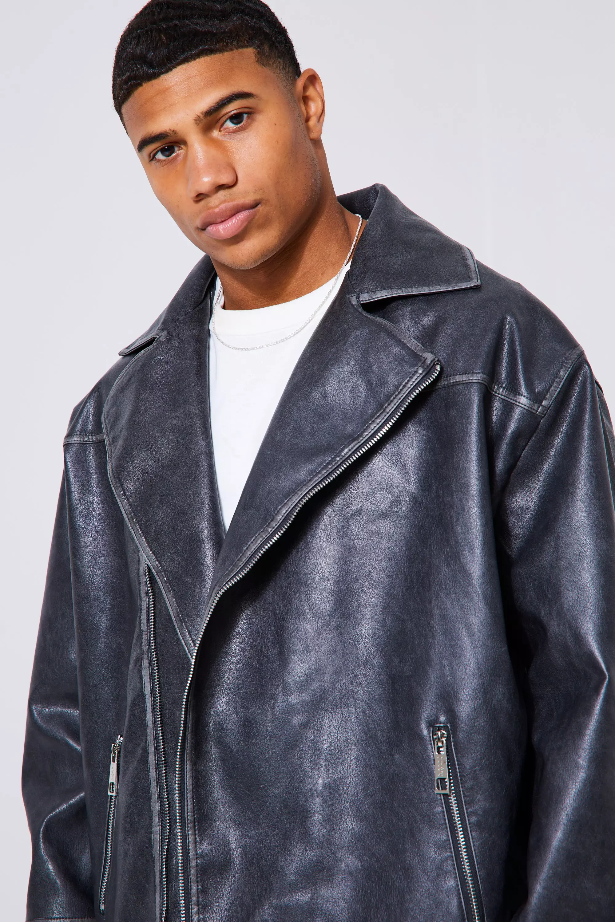 Oversized Vintage Pu Biker Jacket boohooMAN USA