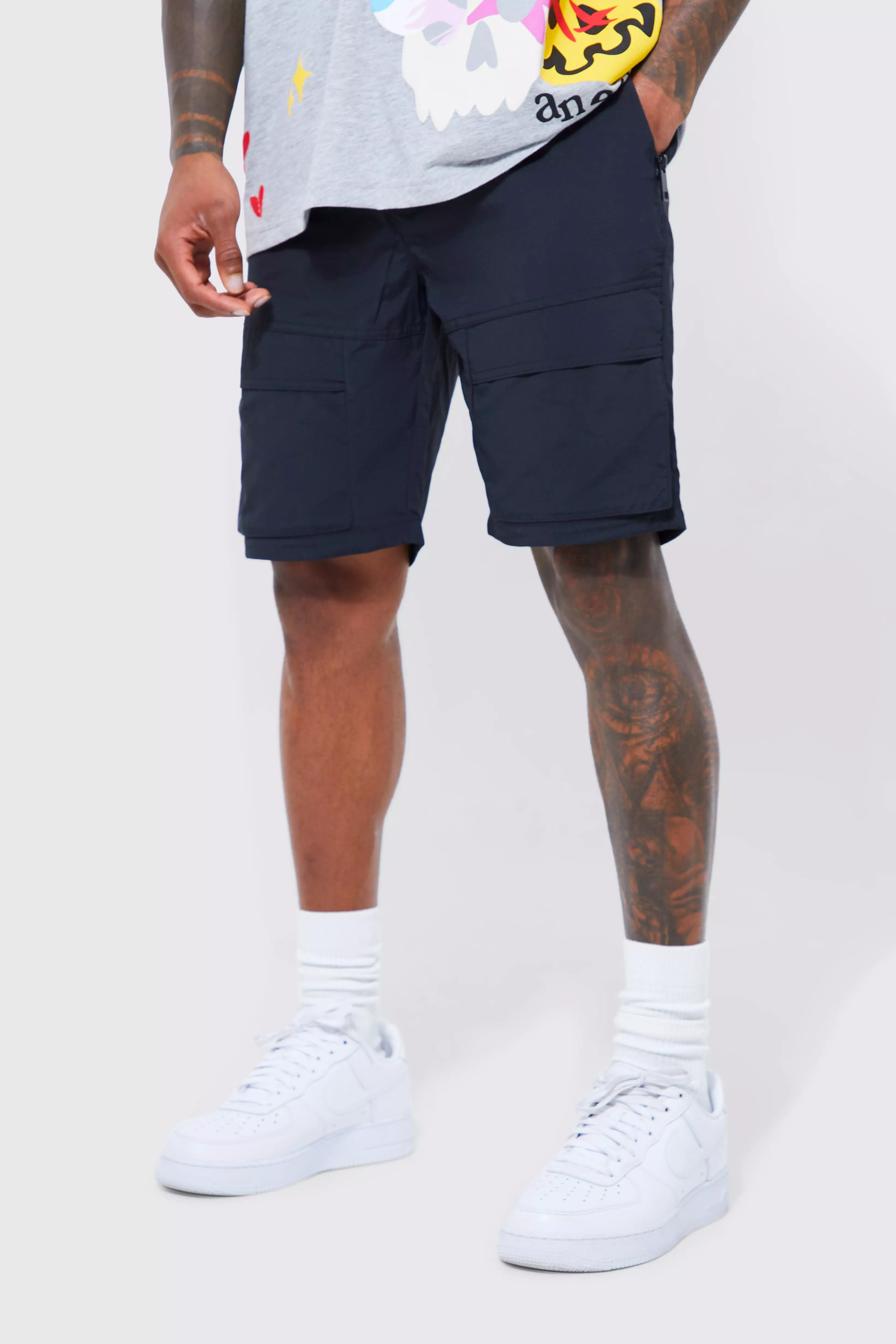 Black Elastic Waist Contrast Cargo Short