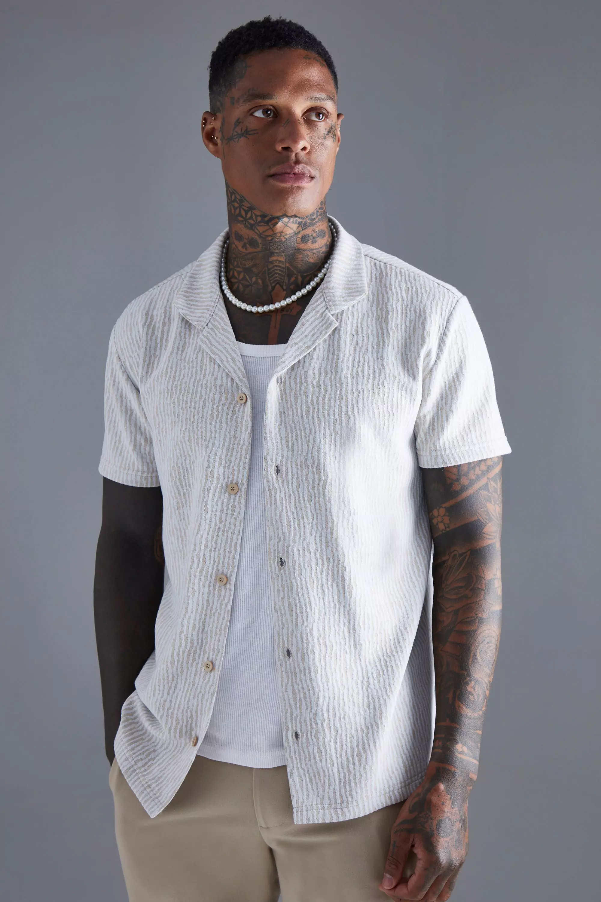 Stone Beige Short Sleeve Animal Textured Shirt