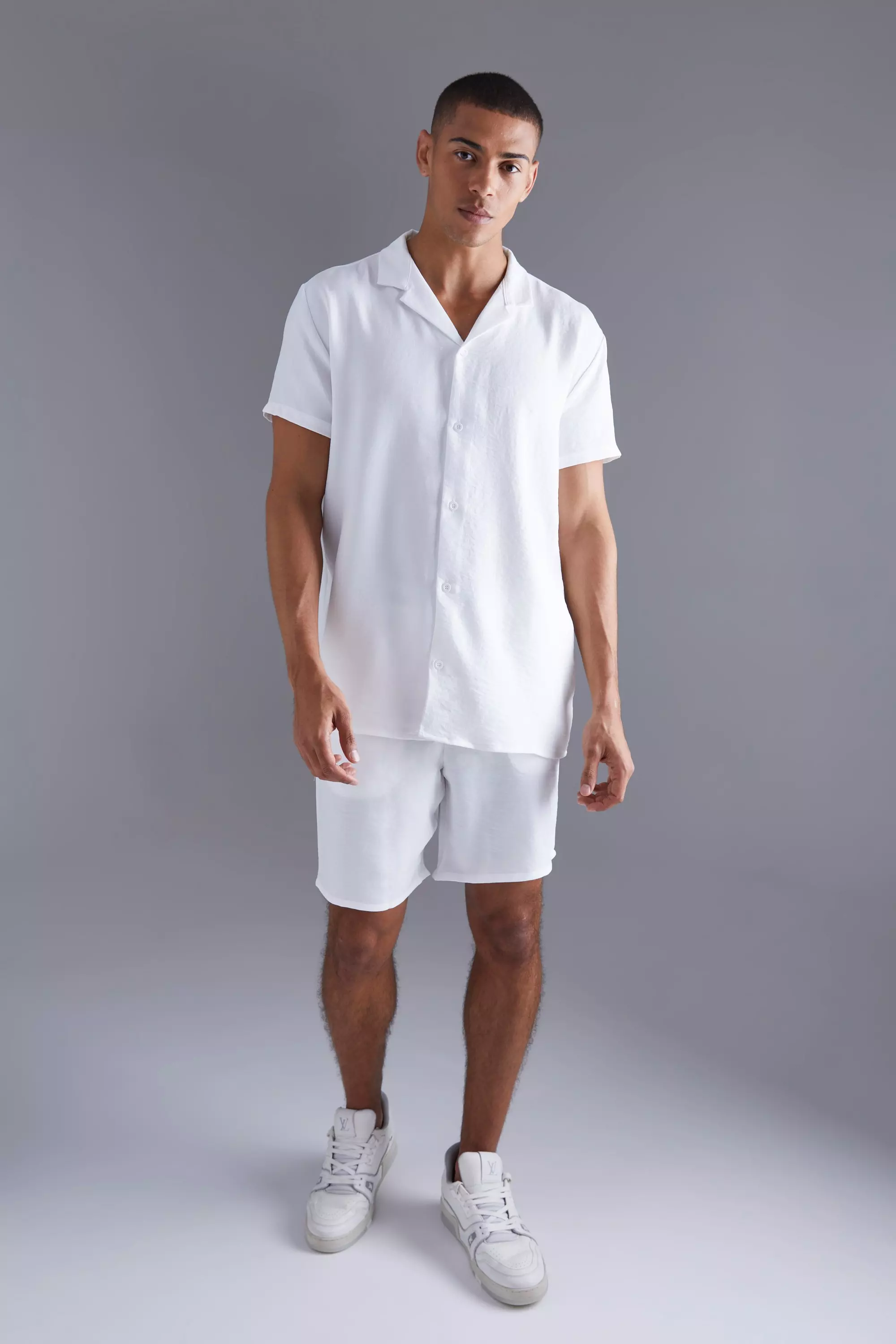 Short Sleeve Oversized Linen Revere Shirt And Short White