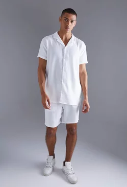 Short Sleeve Oversized Linen Revere Shirt And Short white