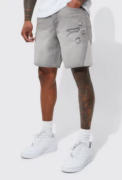 Slim Panel Distressed Denim Shorts Light grey