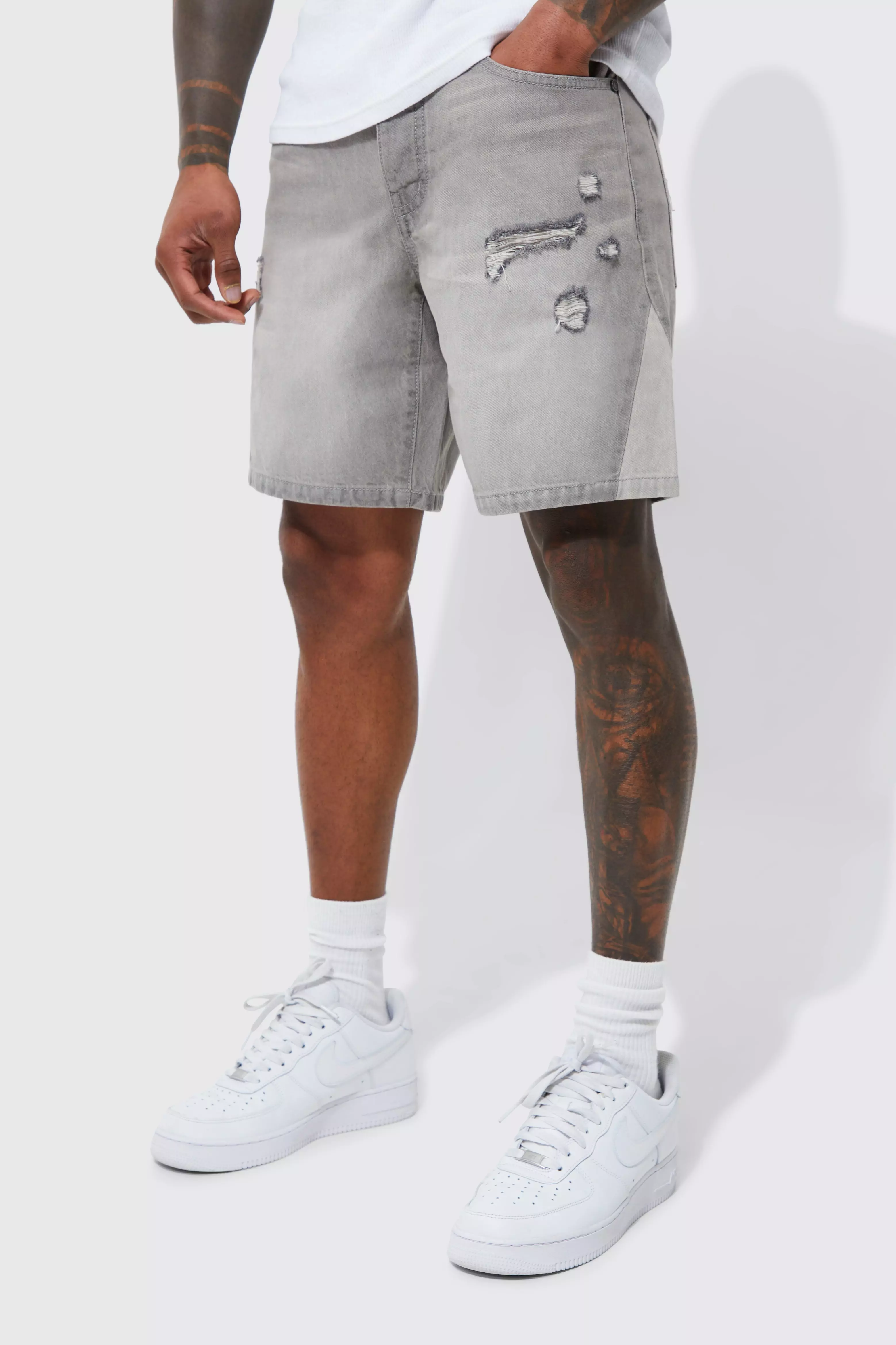 Grey Slim Panel Distressed Denim Shorts