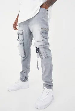 Grey Plus Skinny Stretch Multi Pocket Cargo Jeans