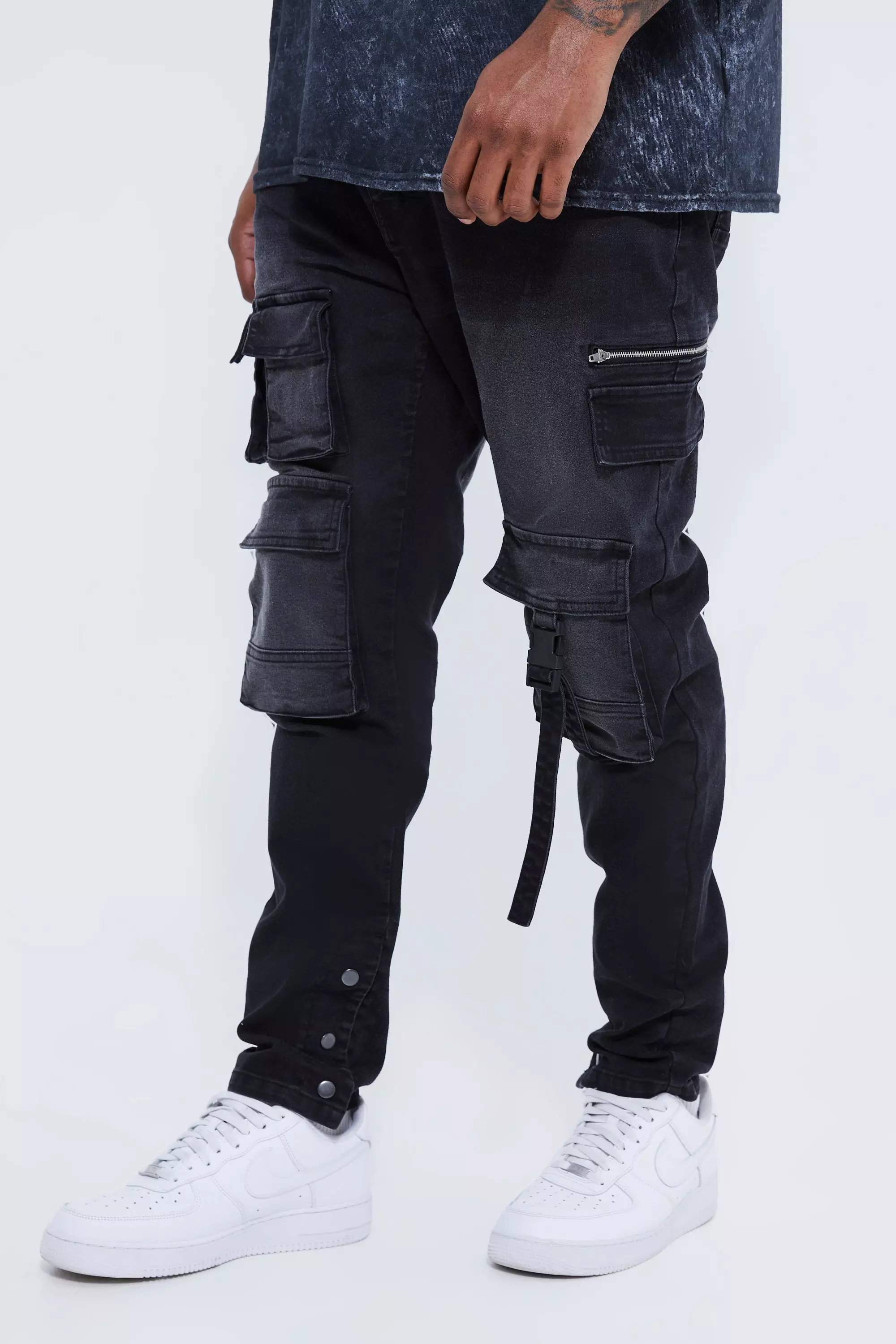 Plus Skinny Stretch Multi Pocket Cargo Jeans Washed black