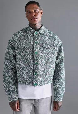 Boxy Textured Jacquard Collared Jacket Green