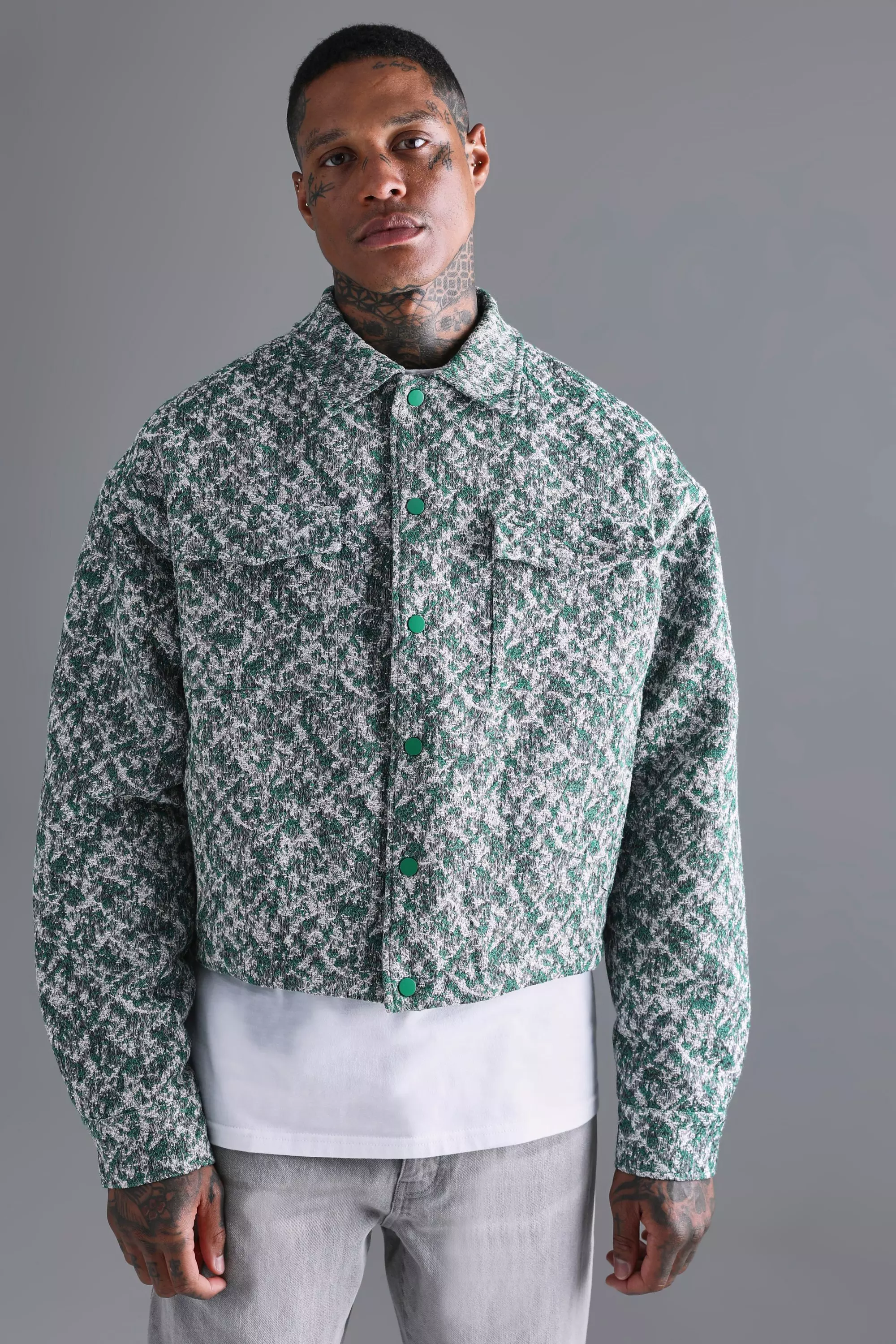 Boxy Textured Jacquard Collared Jacket Green