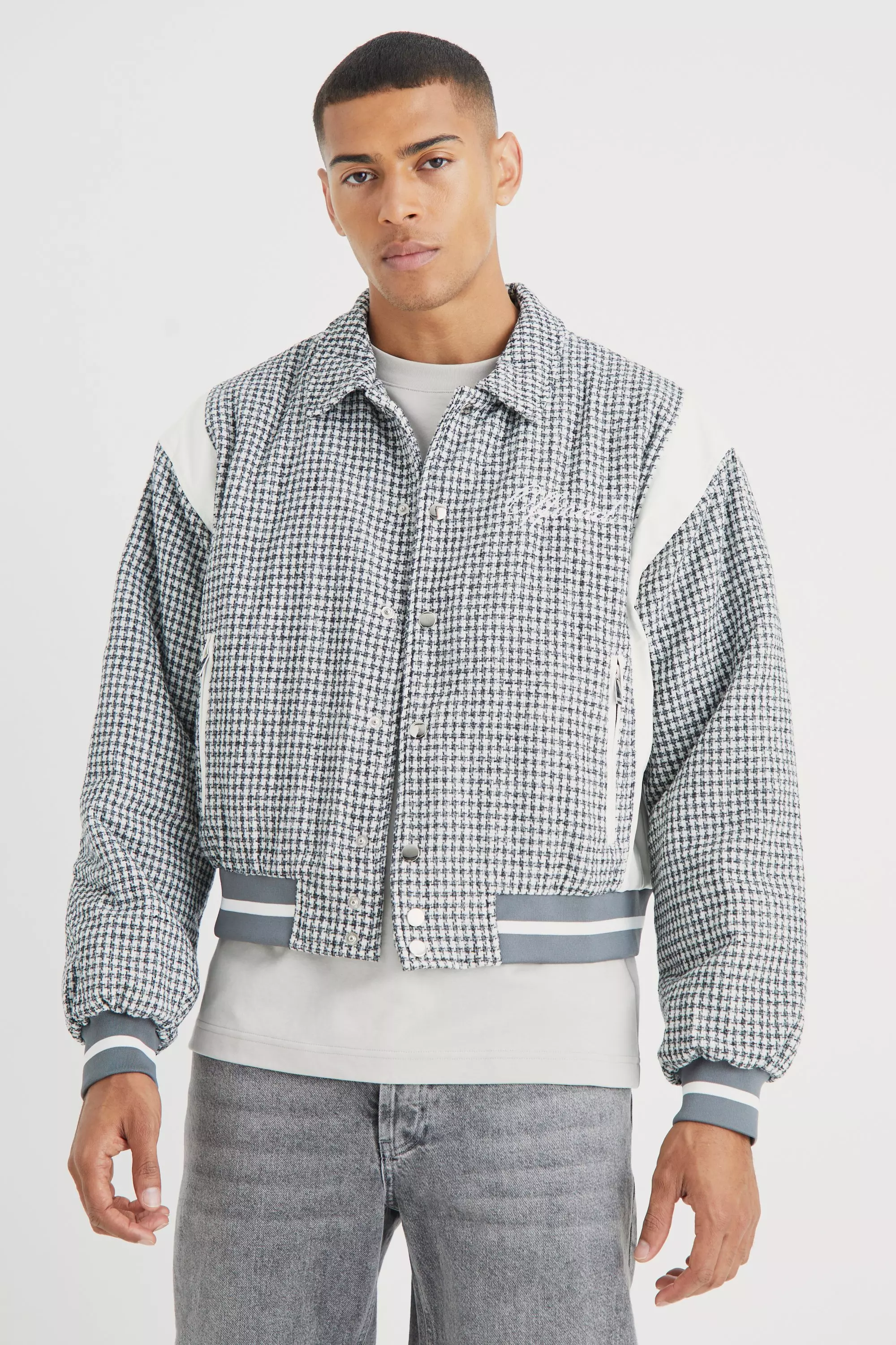 Boxy Check Collared Bomber With Pu Panels pale grey