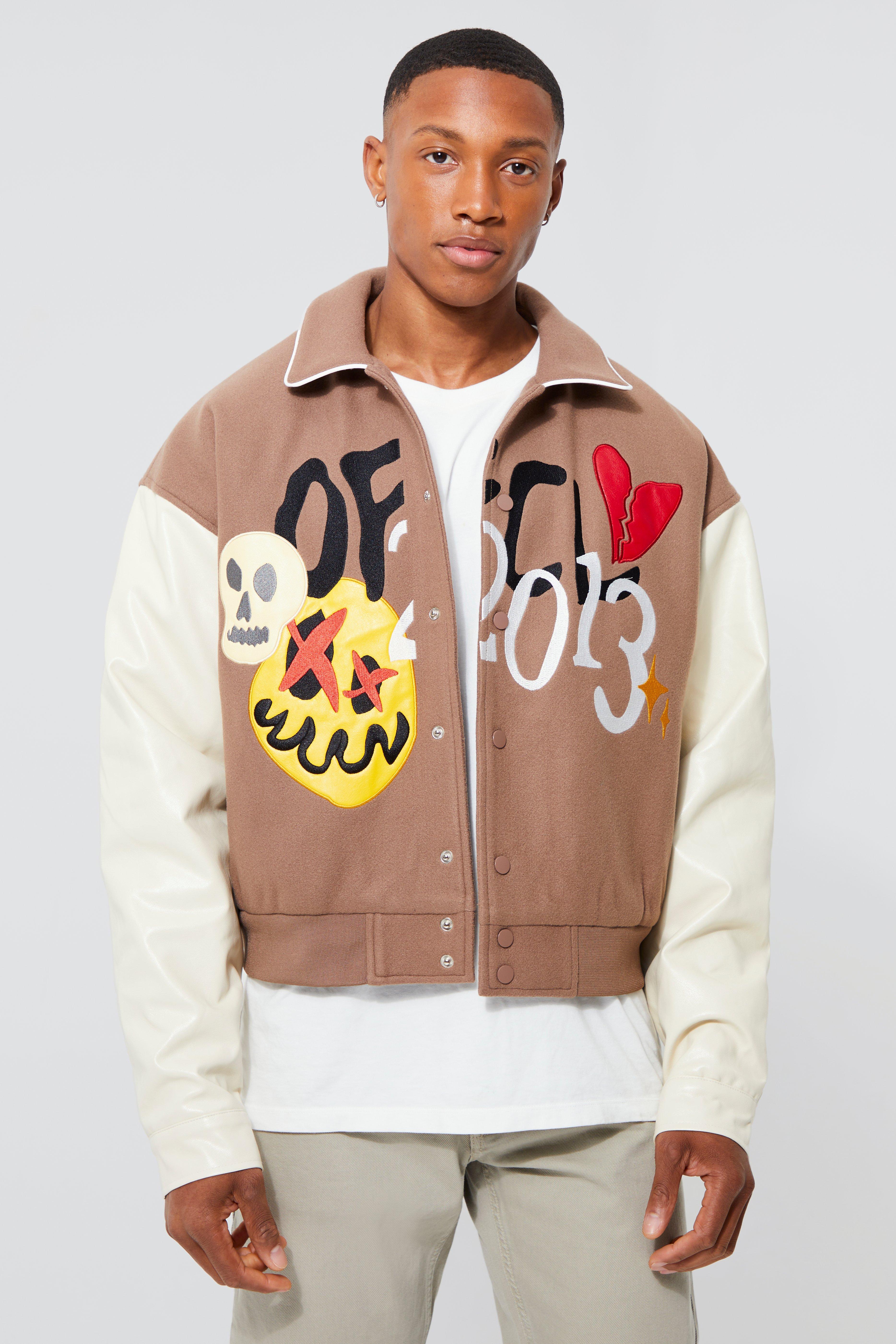 boohooMAN Boxy Melton Varsity Jacket - Cream - Size XL