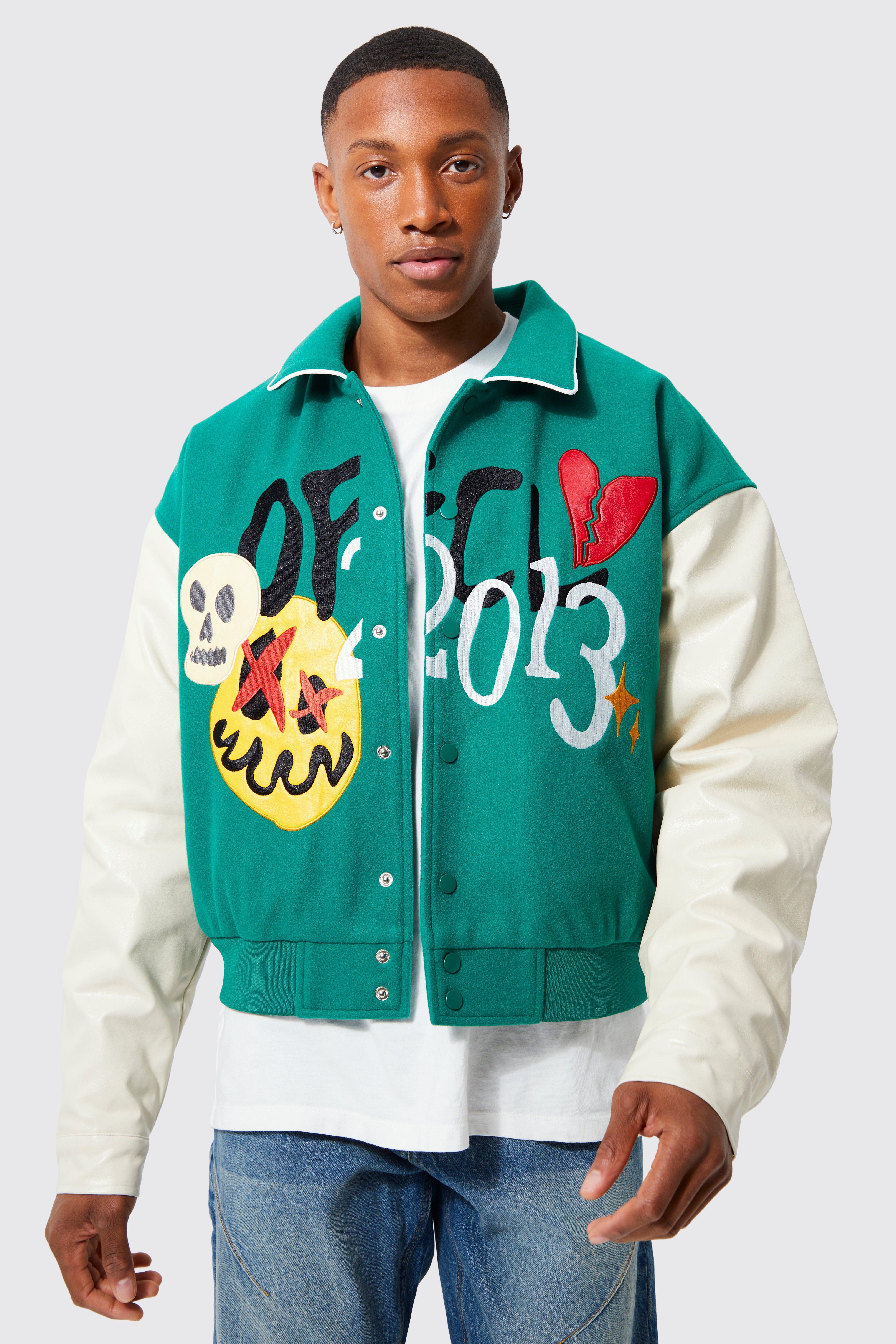 boohooMAN Boxy Melton Varsity Jacket - Cream - Size XL