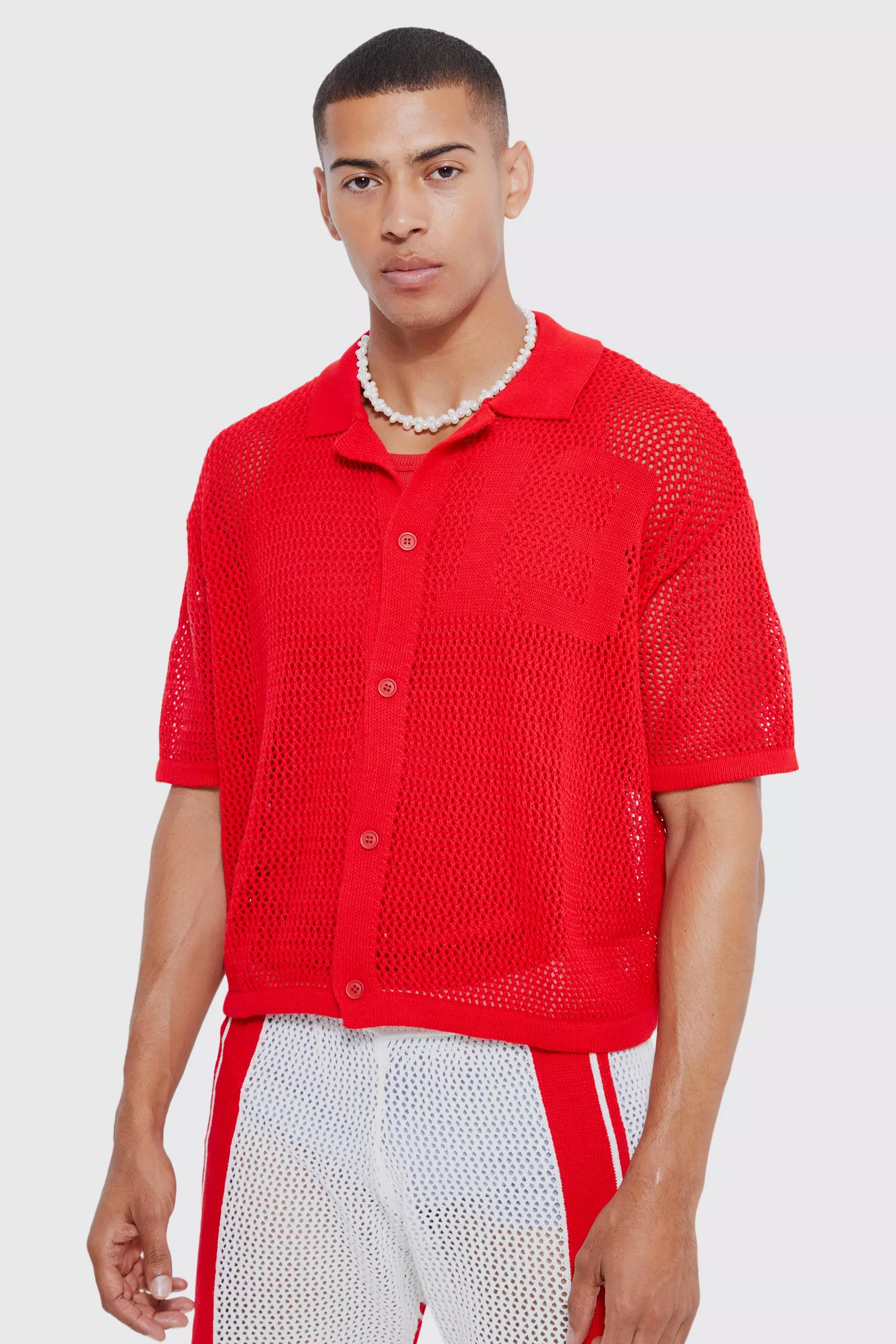 Short Sleeve Boxy Open Stitch Varsity Knit Shirt Red