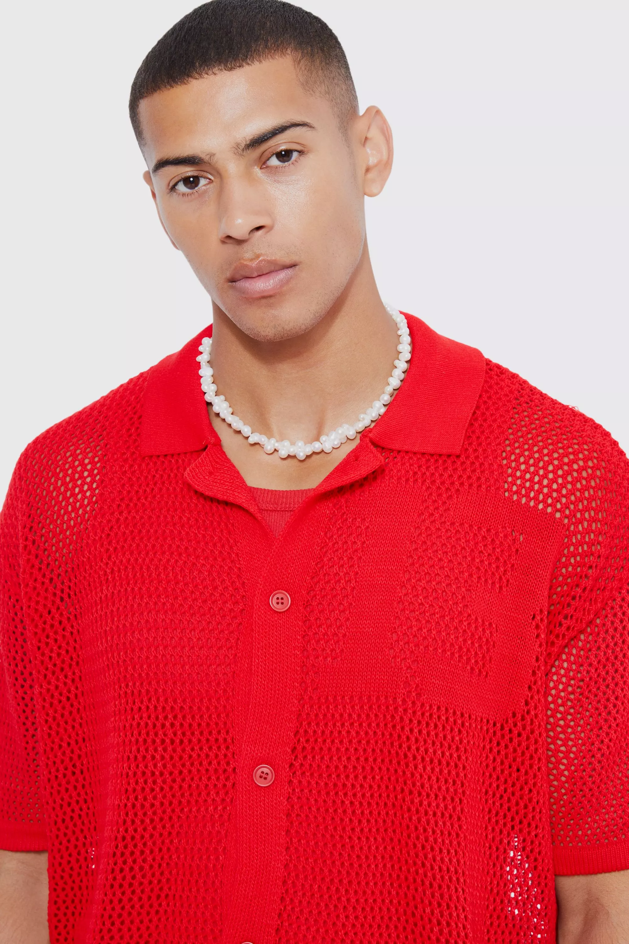 Red Short Sleeve Boxy Open Stitch Varsity Knit Shirt alternative image
