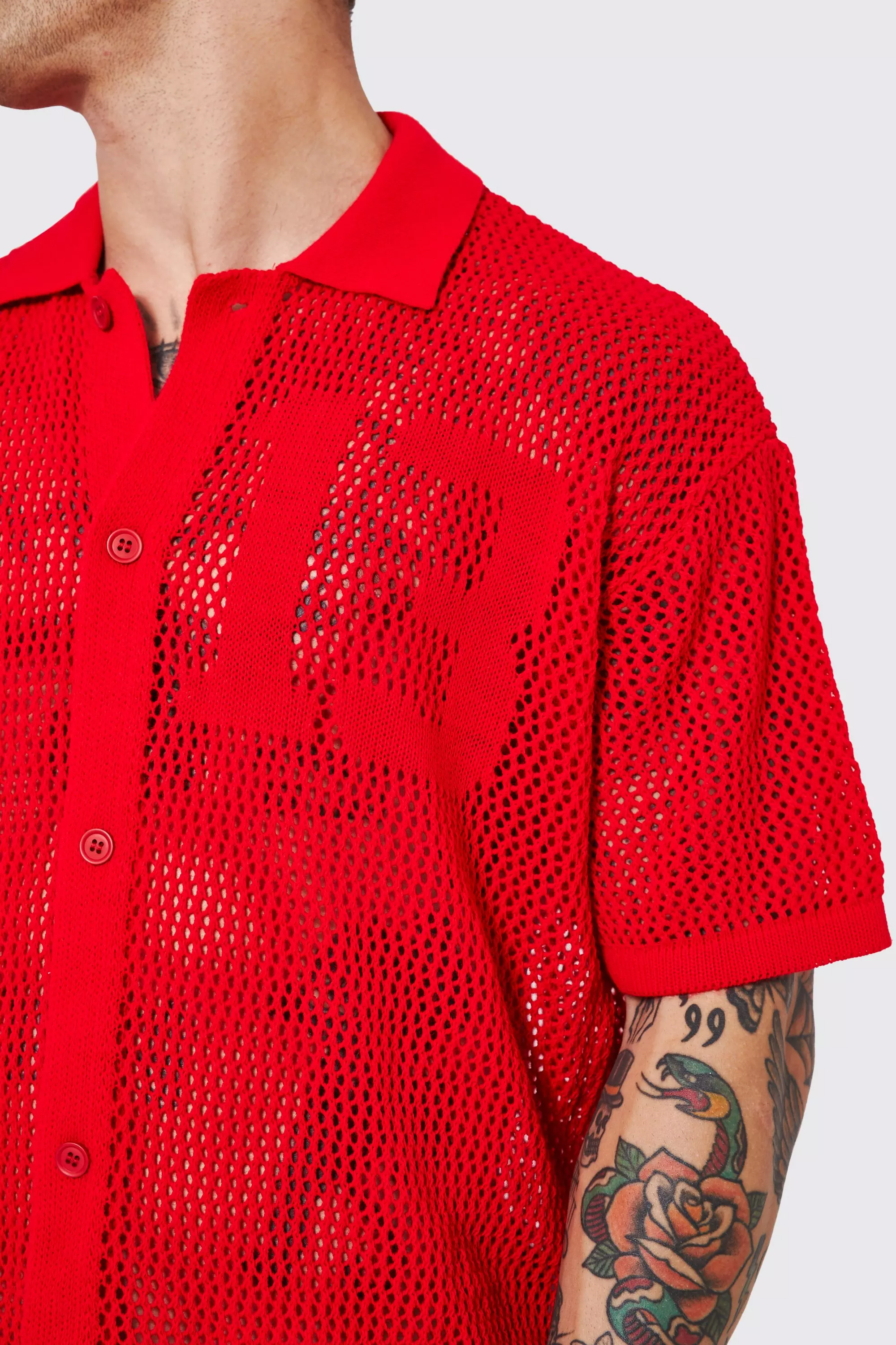 Red Short Sleeve Boxy Open Stitch Varsity Knit Shirt alternative image