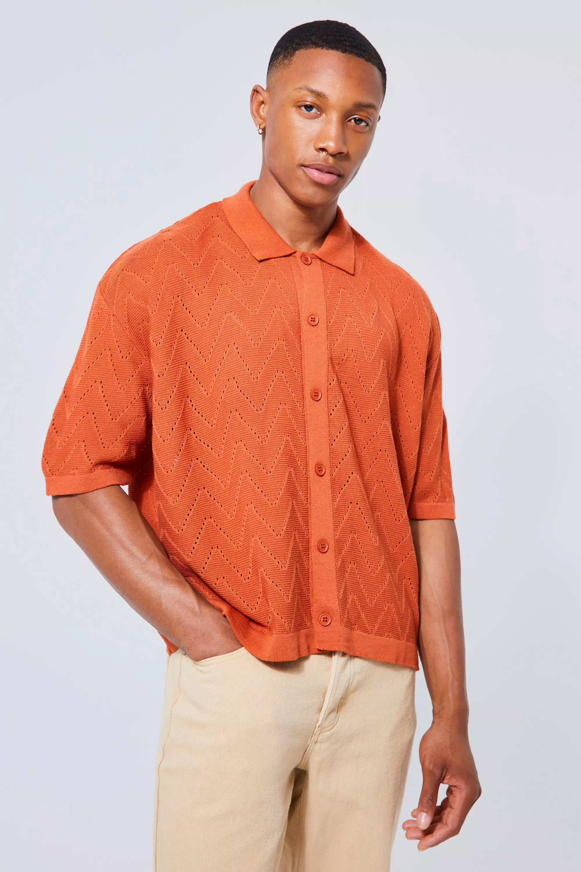 Short Sleeve Boxy Open Stitch Knitted Shirt Burnt orange