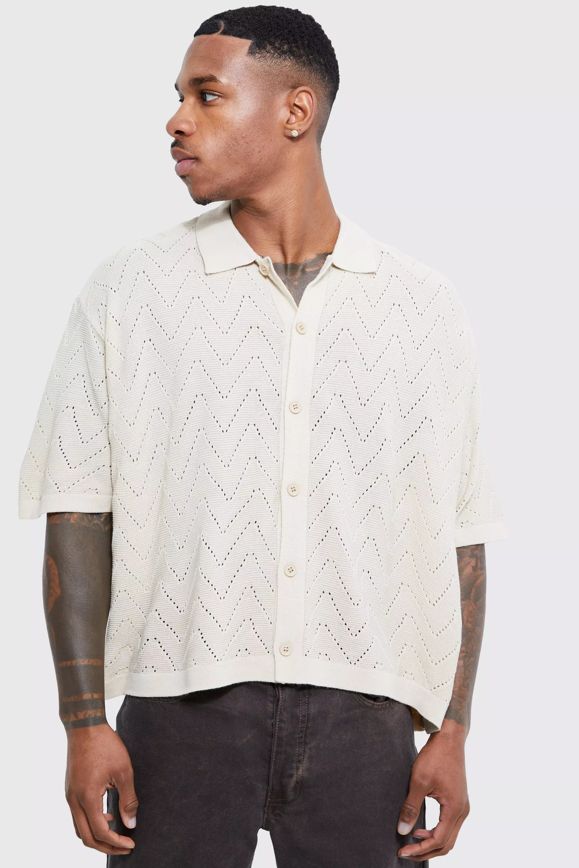 Stone Beige Short Sleeve Boxy Open Stitch Knitted Shirt