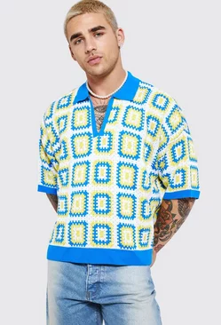 Short Sleeve Boxy Fit Revere Crochet Polo Blue