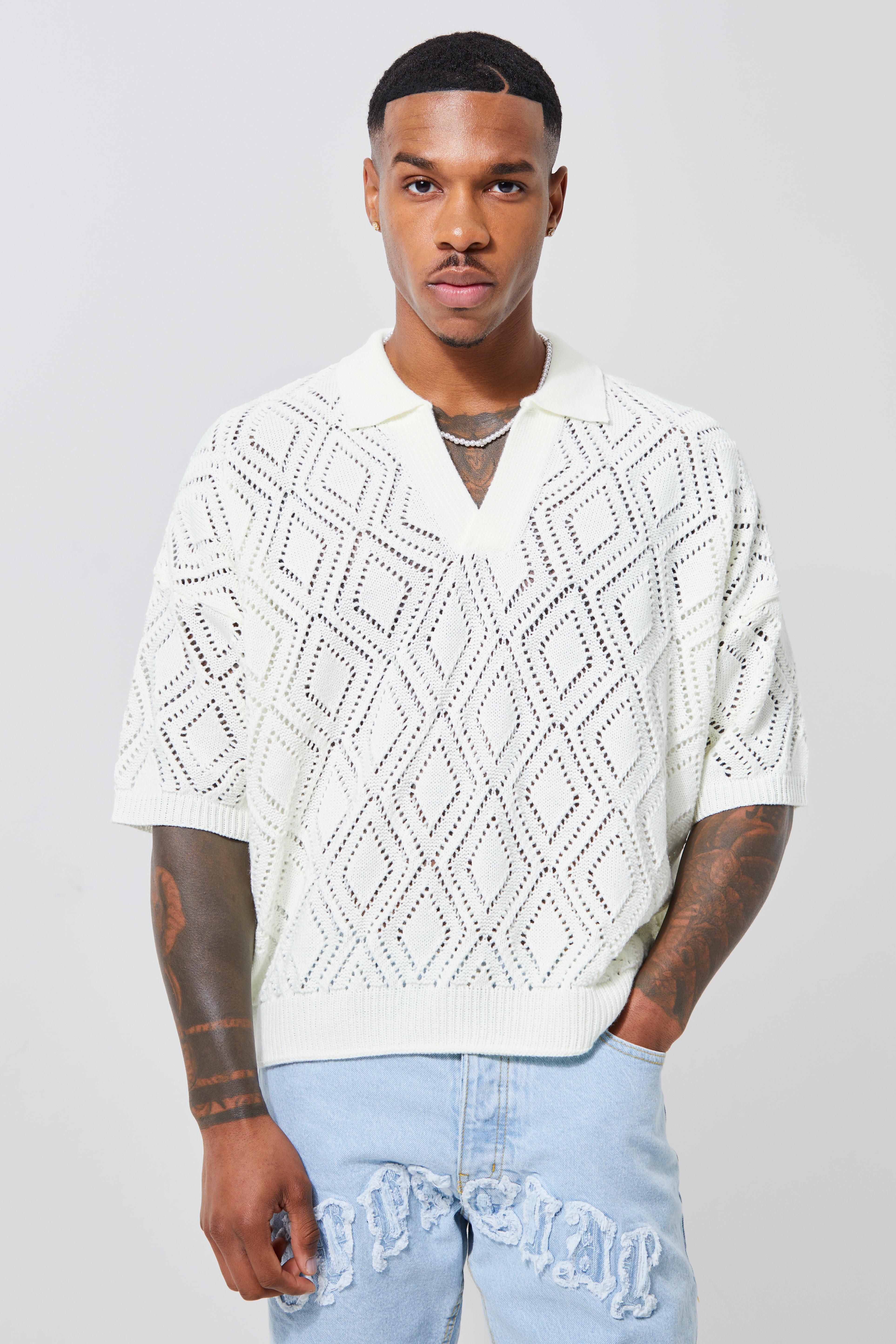 Short Sleeve Boxy Fit Revere Open Knit Polo | boohooMAN USA