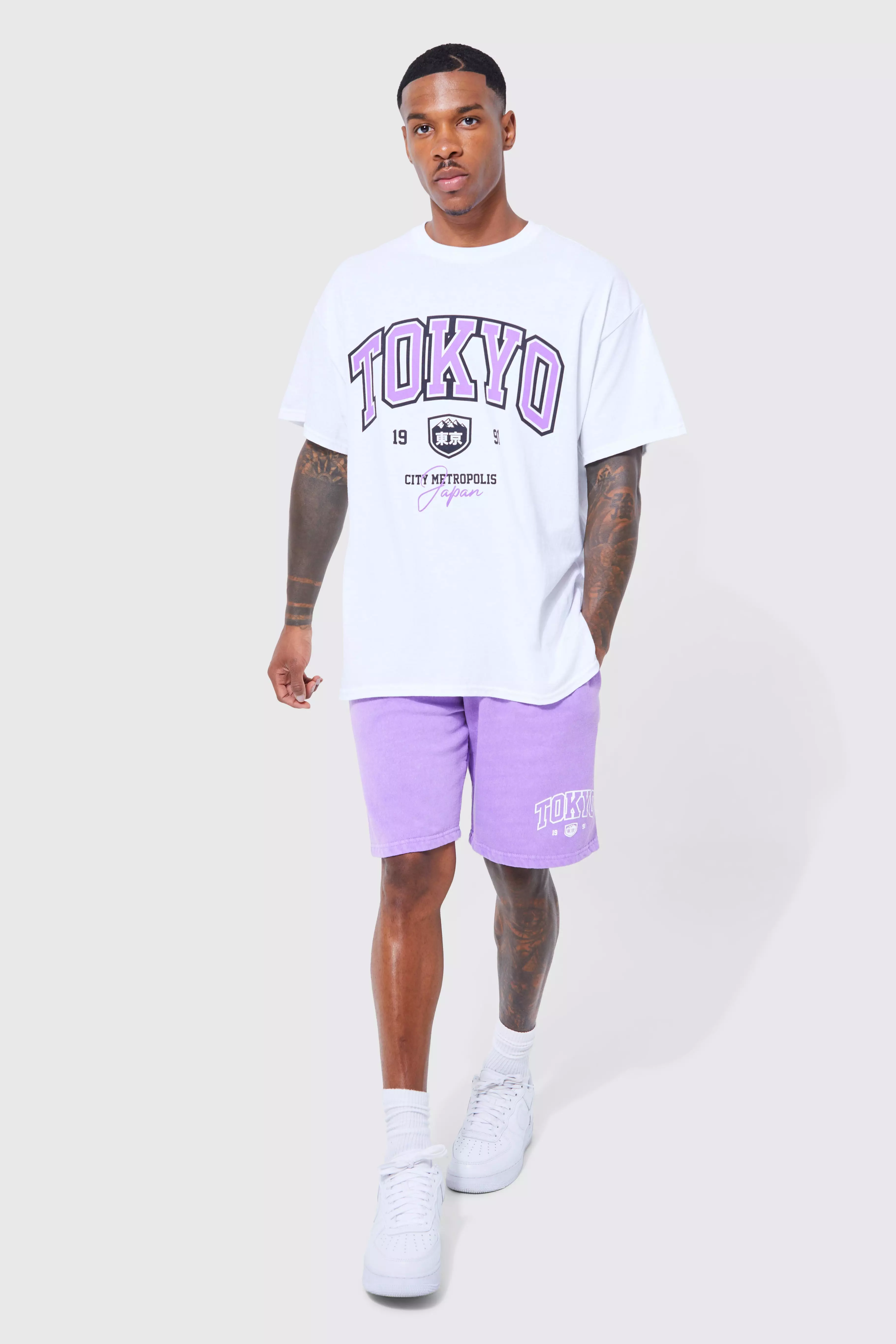 Set T-Shirt Oversize Sovratinta Tokyo Stile Varsity, Purple immagine alternativa