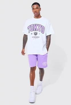 Purple Oversized Overdyed Tokyo Varsity T-shirt Set