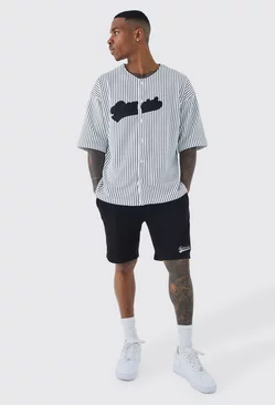 Oversized Pinstripe Baseball Shirt & Short Set Black