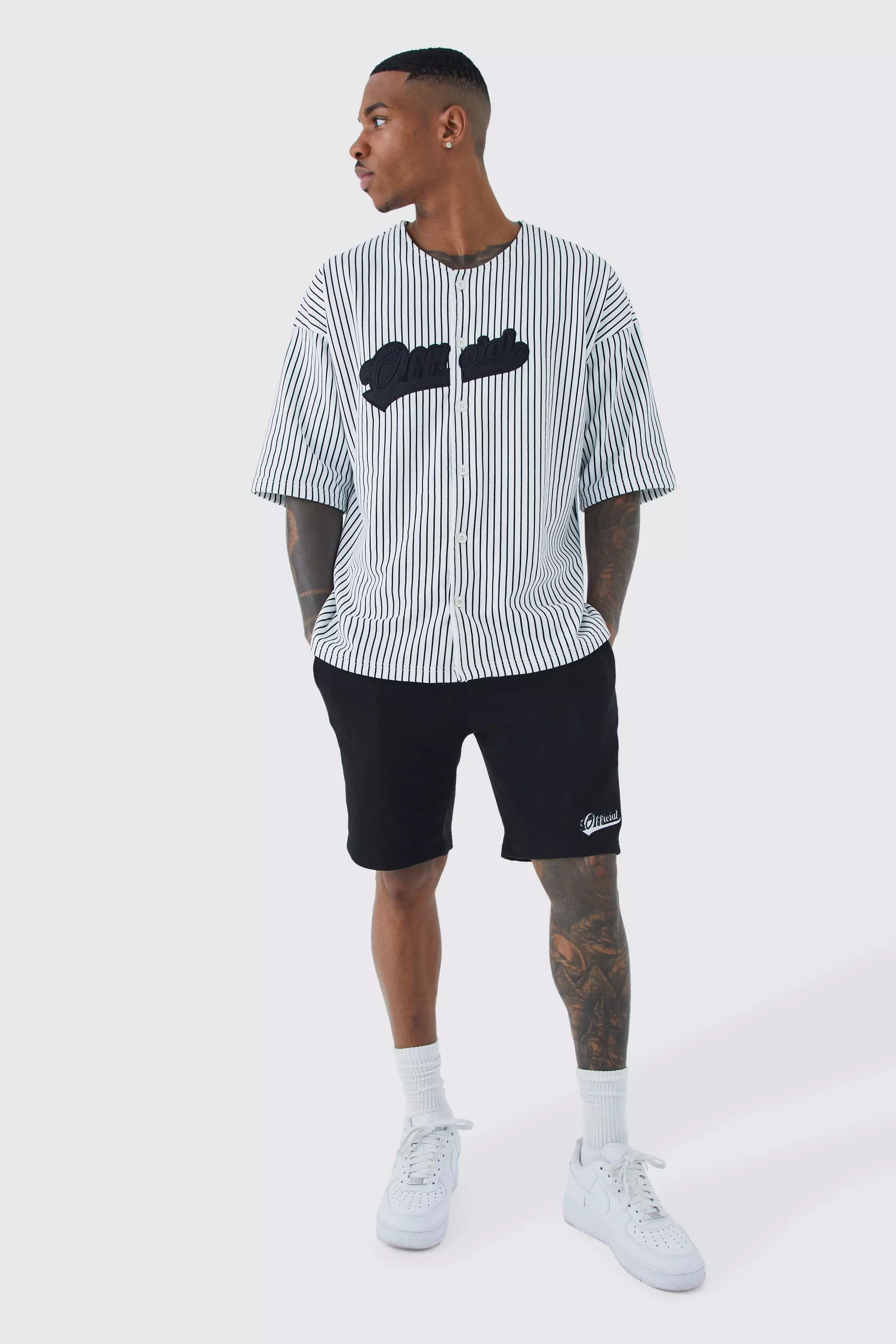 Oversized Pinstripe Baseball Shirt & Short Set Black