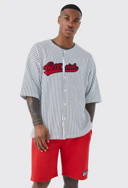Oversized Pinstripe Baseball Shirt & Short Set Red
