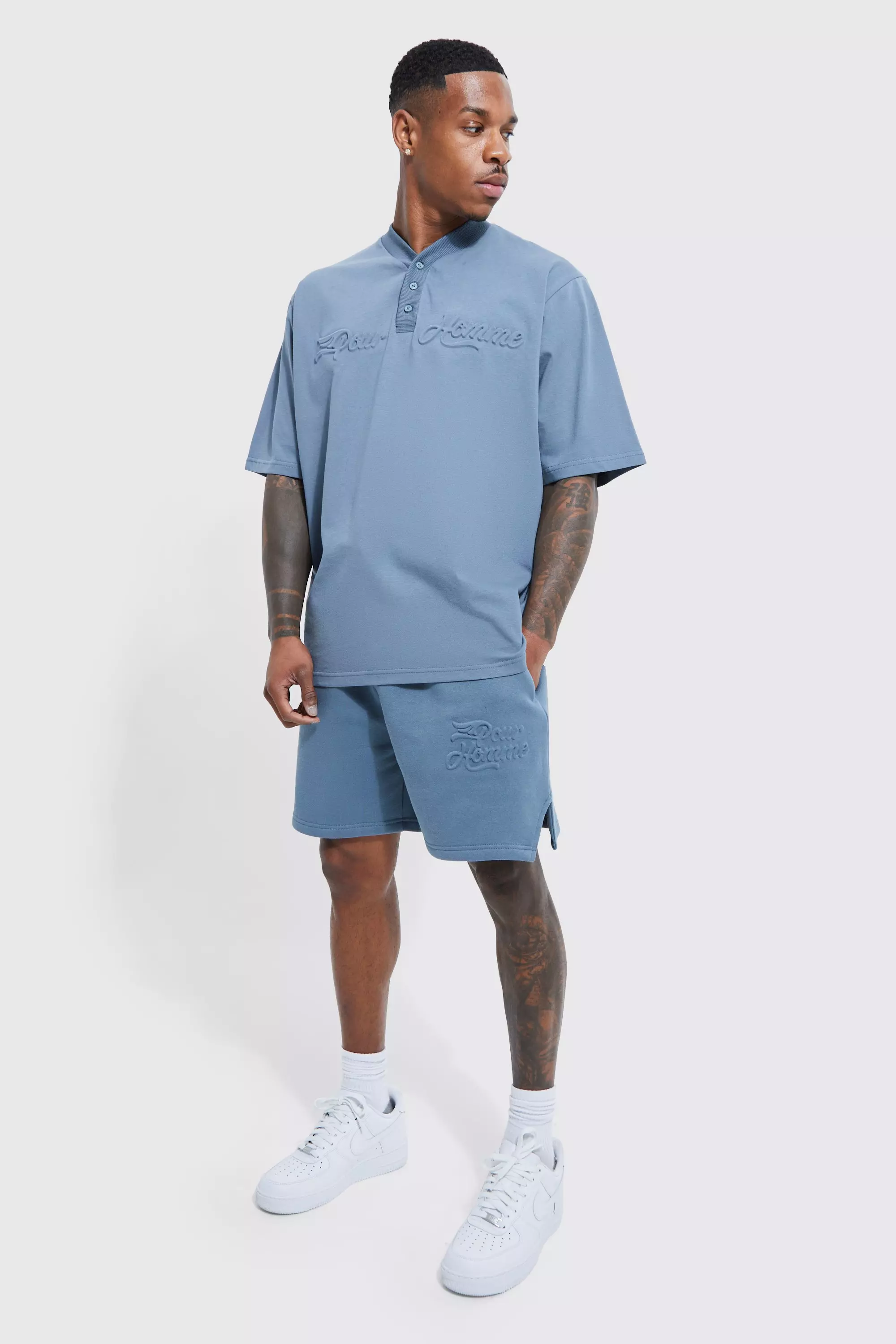 Pour Homme Baseball Embossed Polo & Short Set Blue