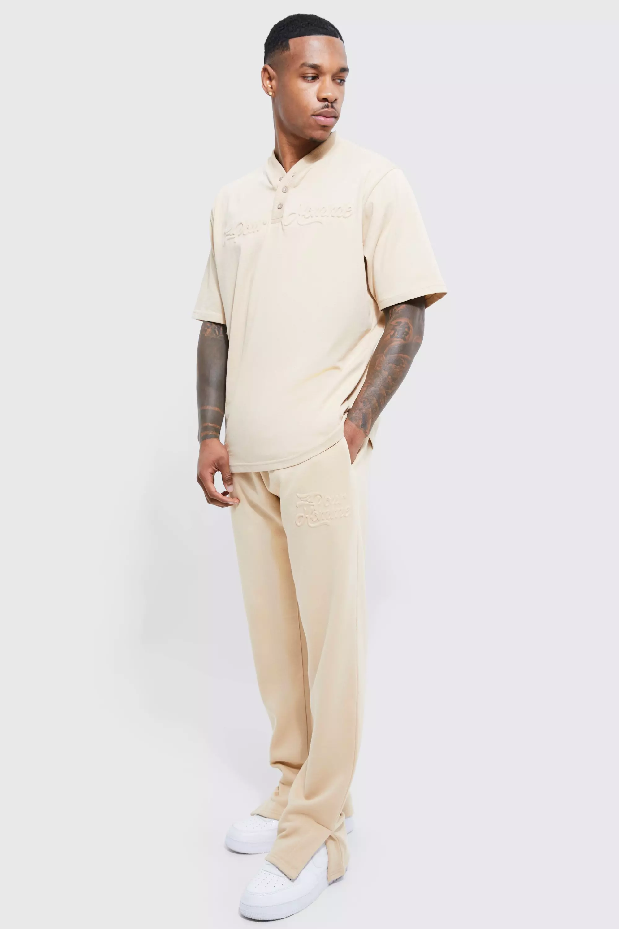 Pour Homme Baseball Embossed Polo & Sweatpants Set Taupe