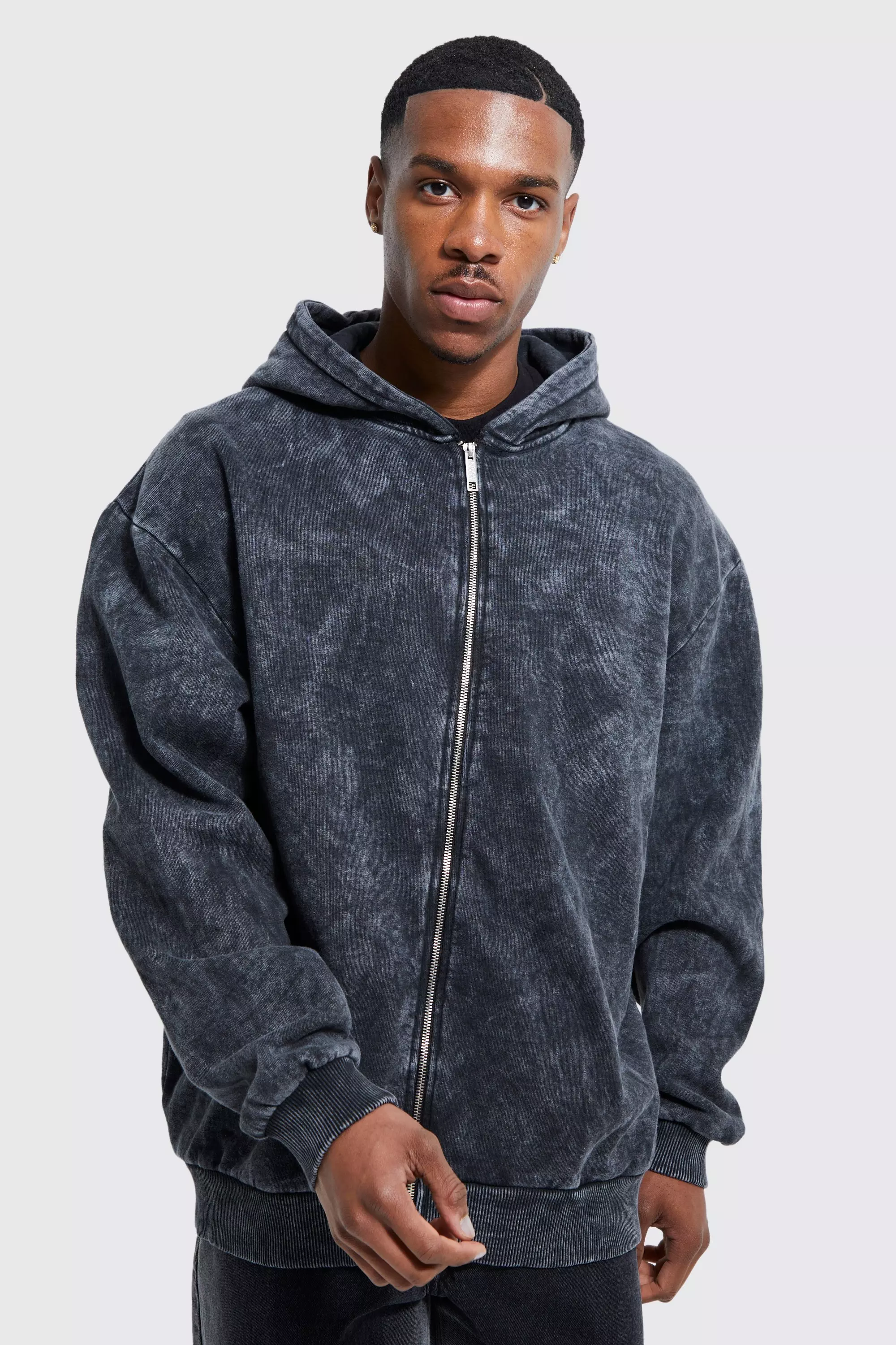 Charcoal Oversized Acid Wash Zip Through Hoodie alternative image