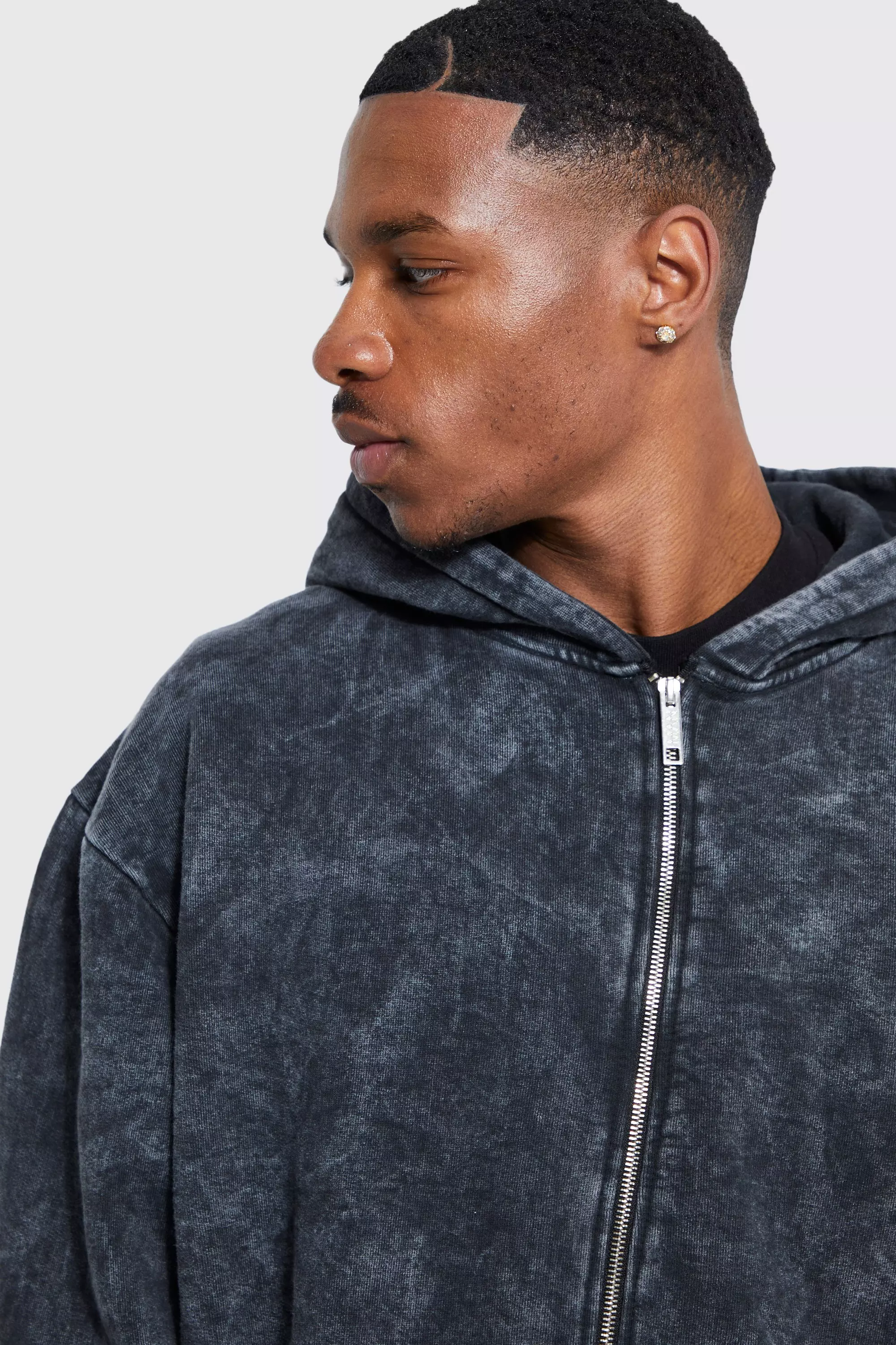 Charcoal Oversized Acid Wash Zip Through Hoodie alternative image