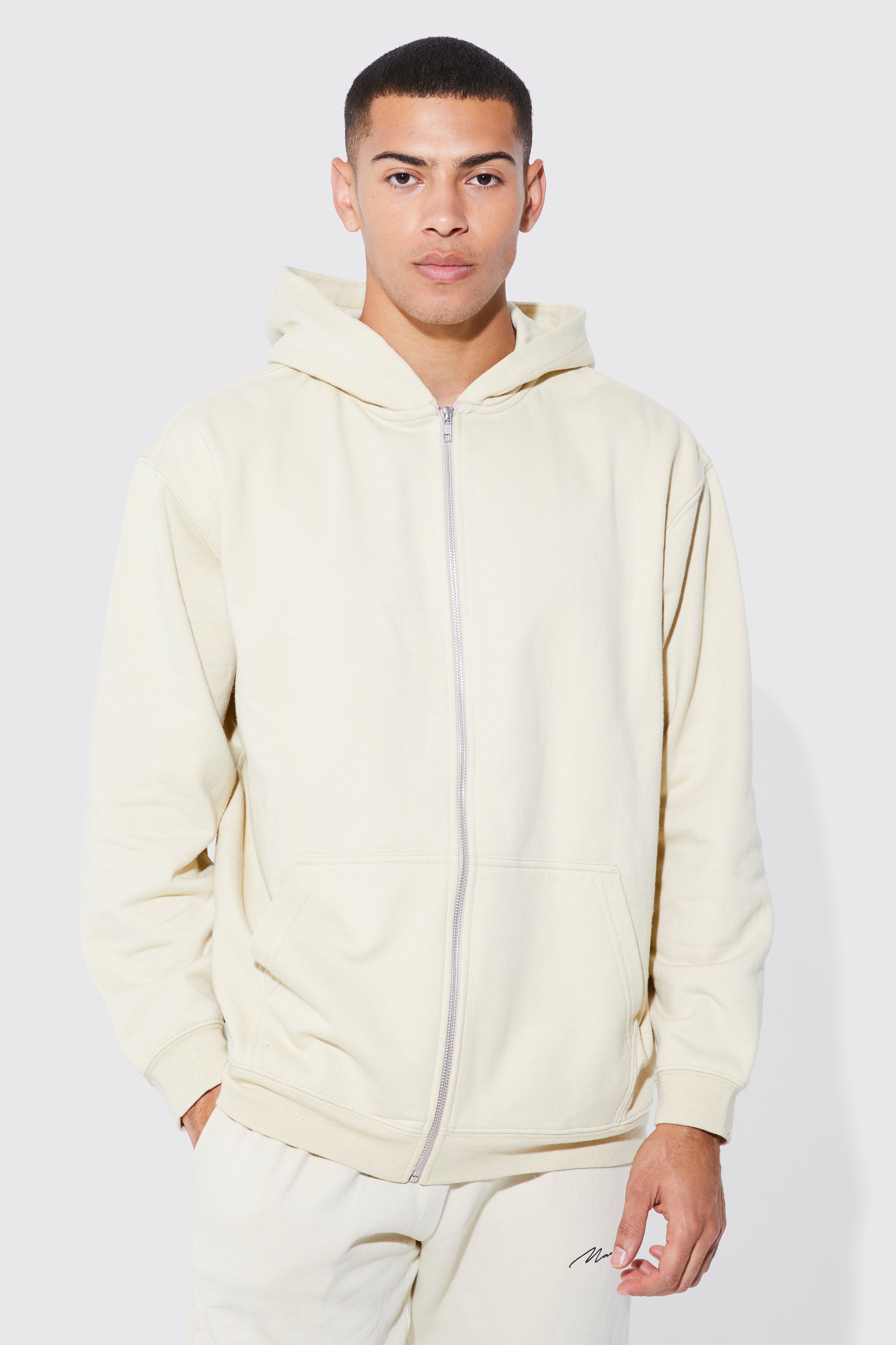 boohooMAN Boxy Fit Zip Through Hoodie - Beige - Size M