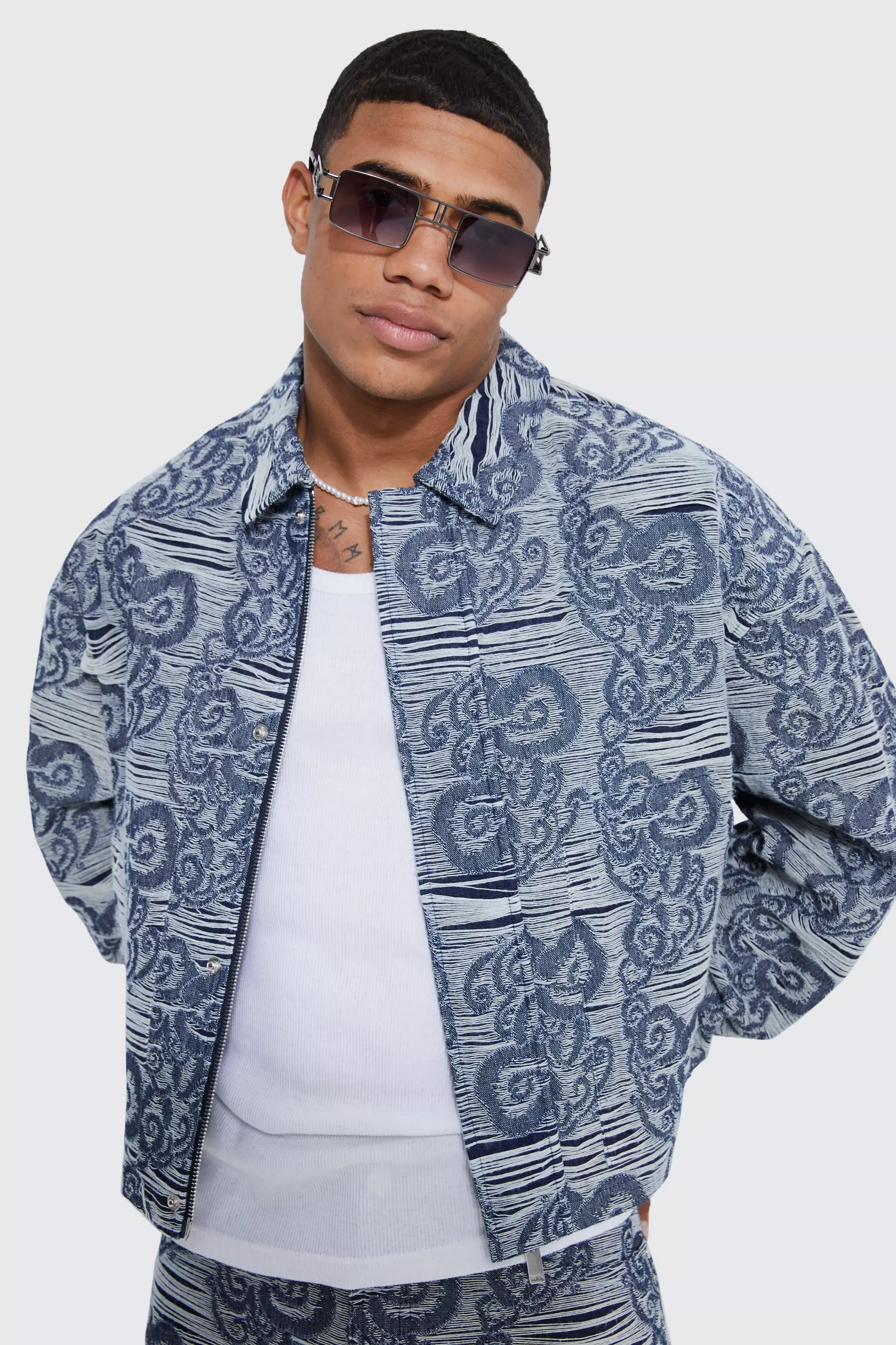 Dark blue Boxy Fit Fabric Interest Denim Jacket alternative image