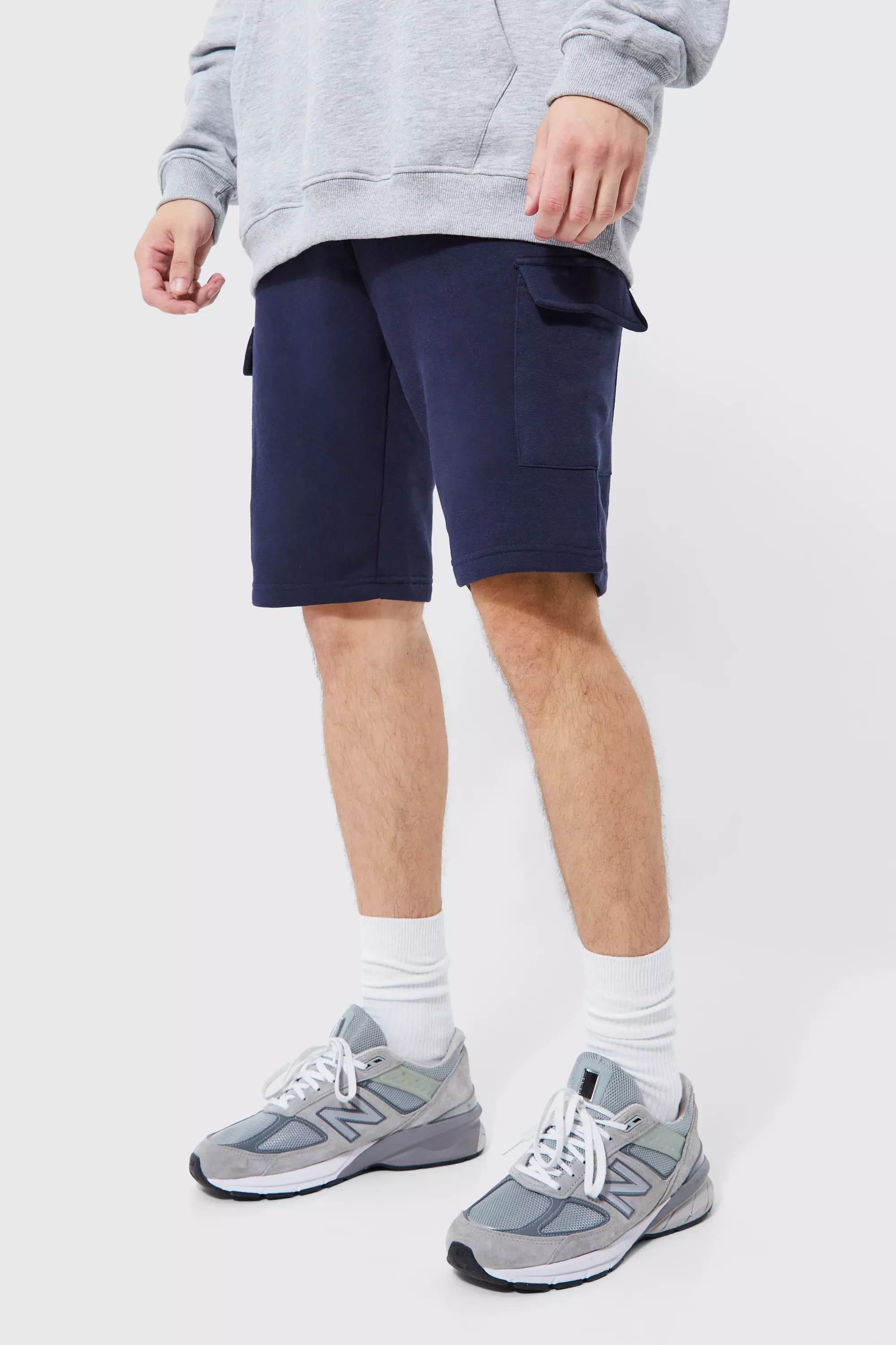 Navy Tall Slim Fit Mid Length Jersey Cargo Short