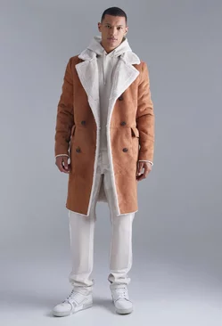 Tall Borg Lined Double Breasted Overcoat Tan