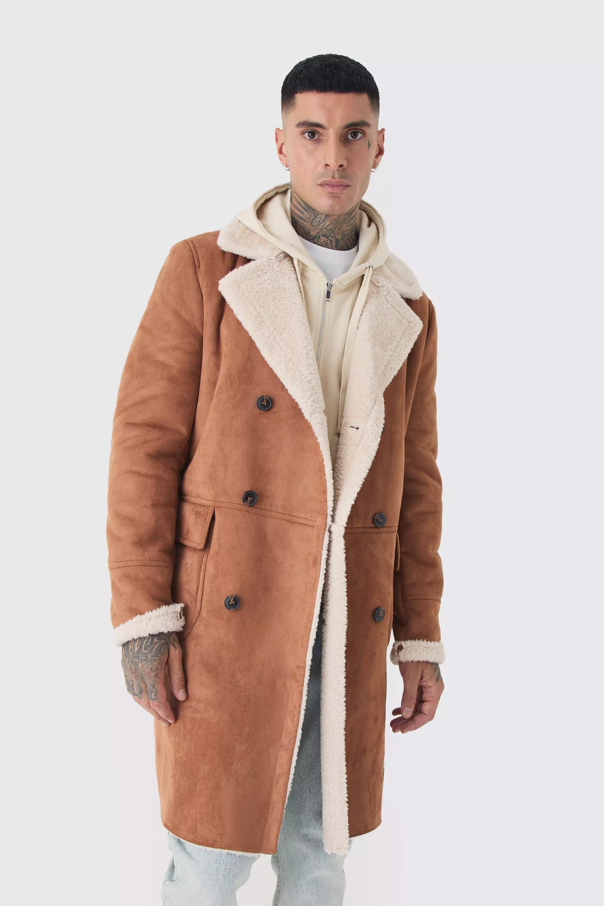 Tall Borg Lined Double Breasted Overcoat Tan