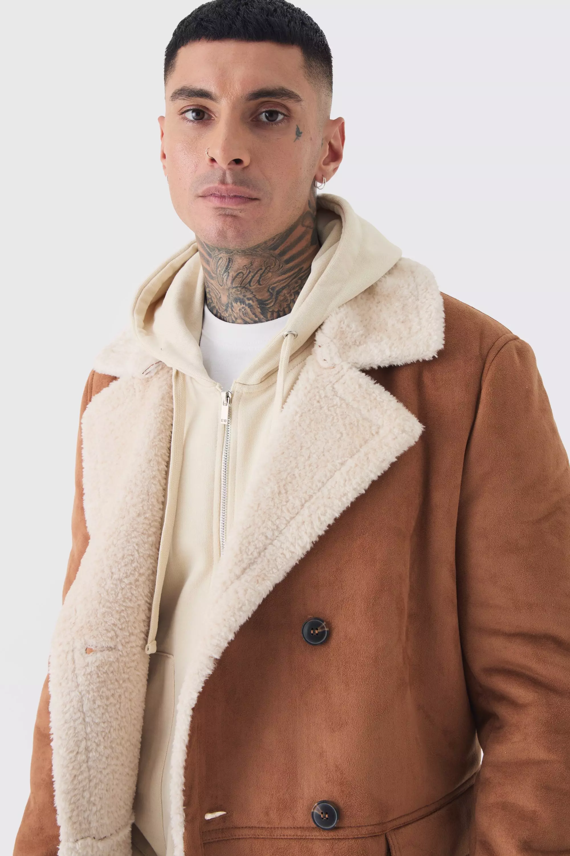 Tall Borg Lined Double Breasted Overcoat in Tan boohooMAN