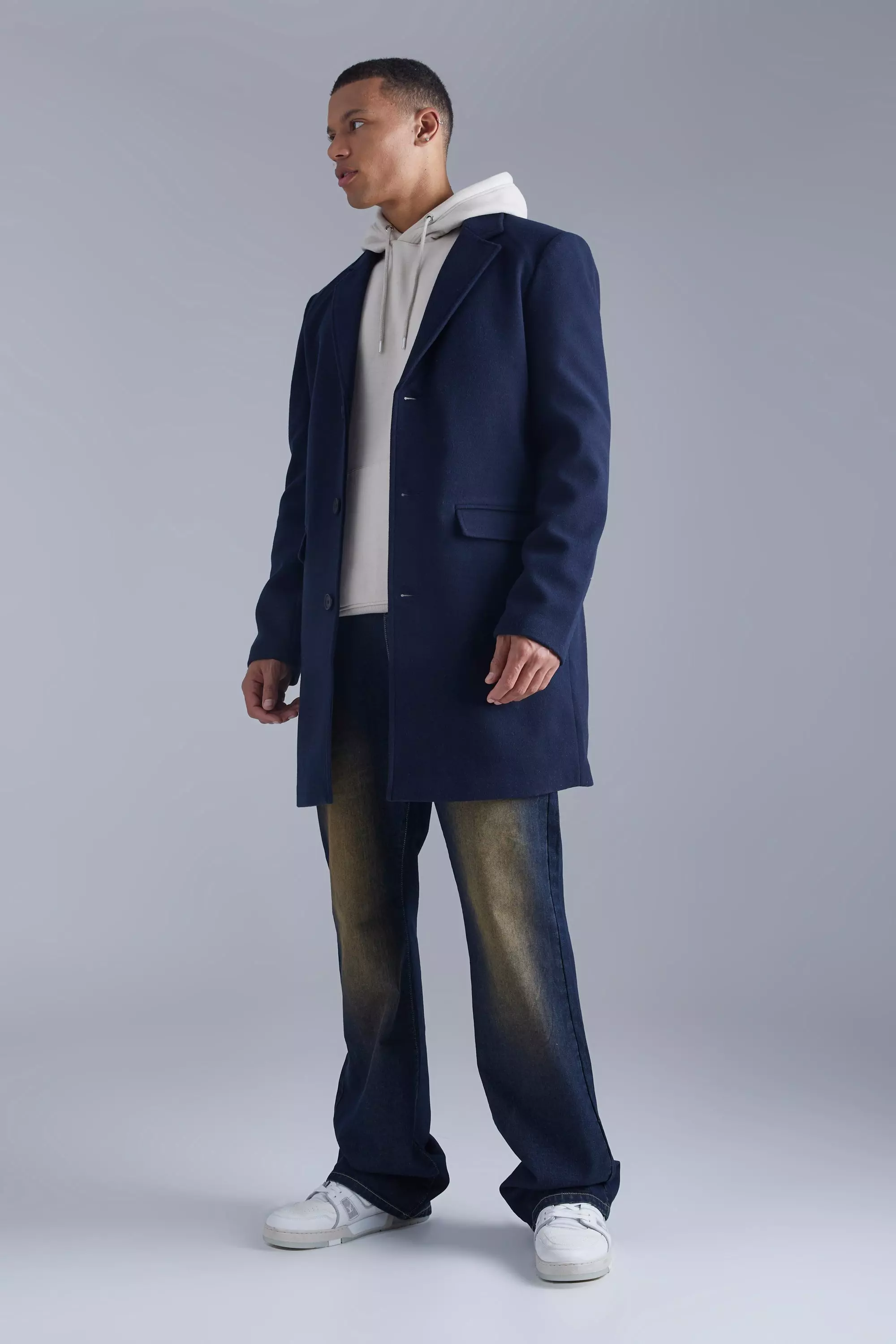 Navy Tall Single Breasted Wool Mix Overcoat