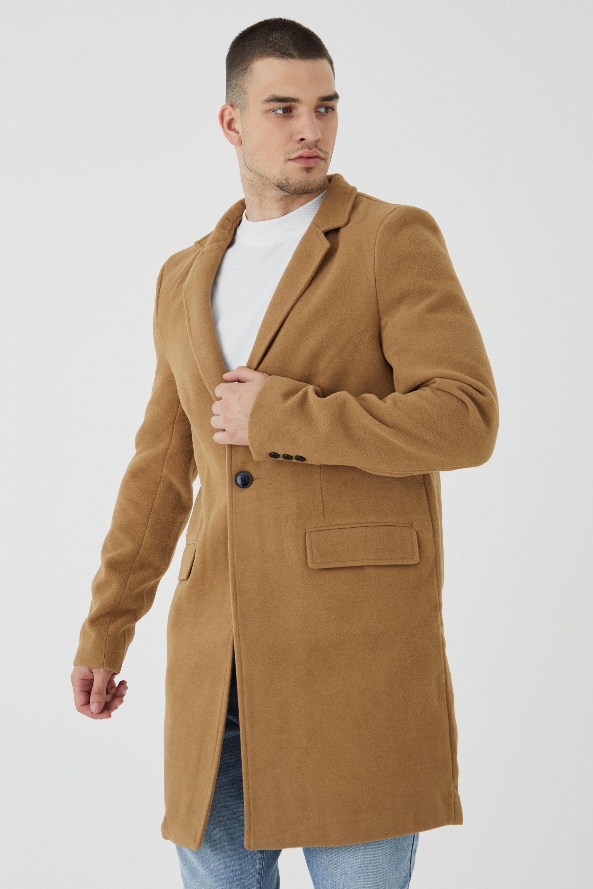 Boohooman overcoat shop in camel