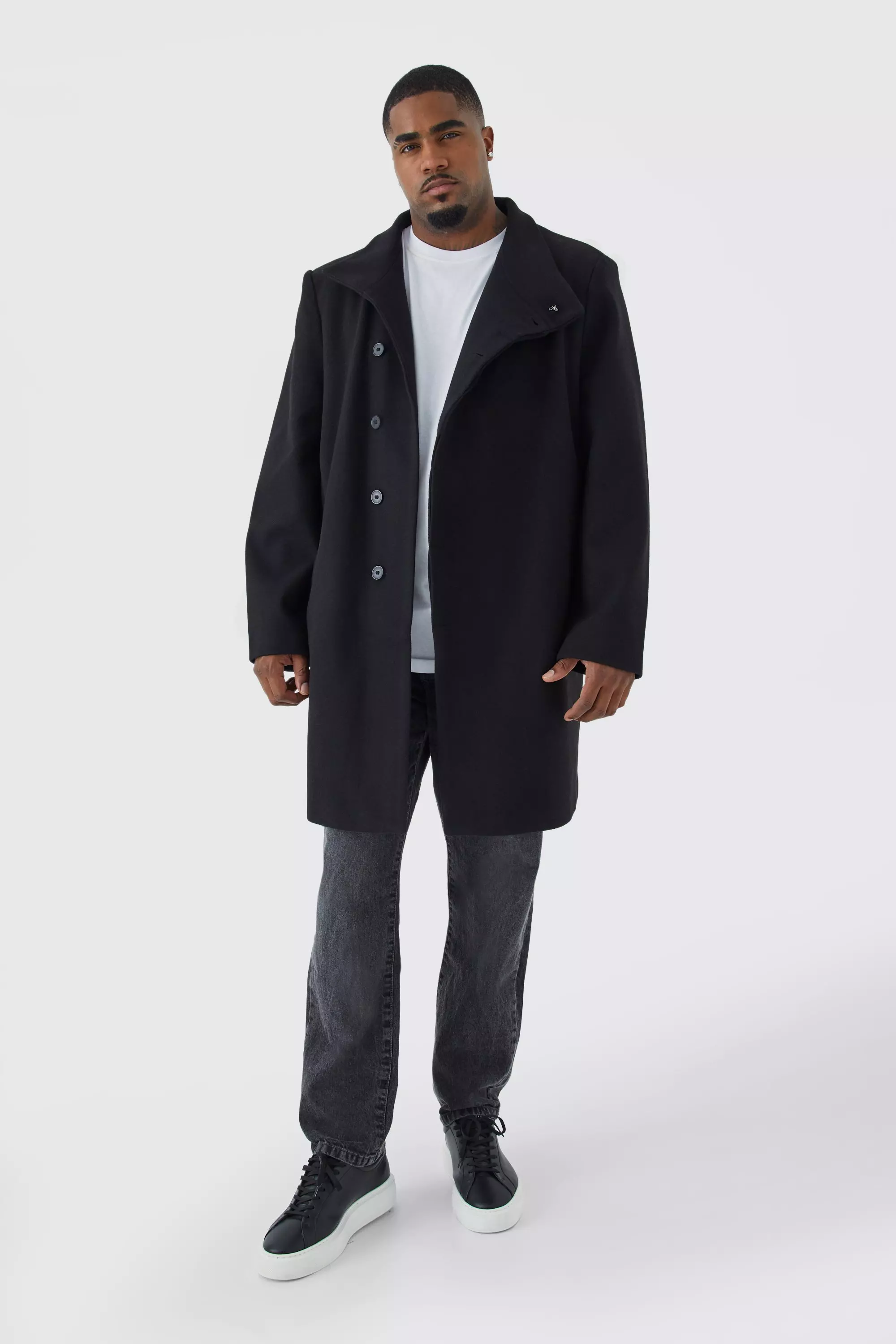 Plus Funnel Neck Wool Look Overcoat Black