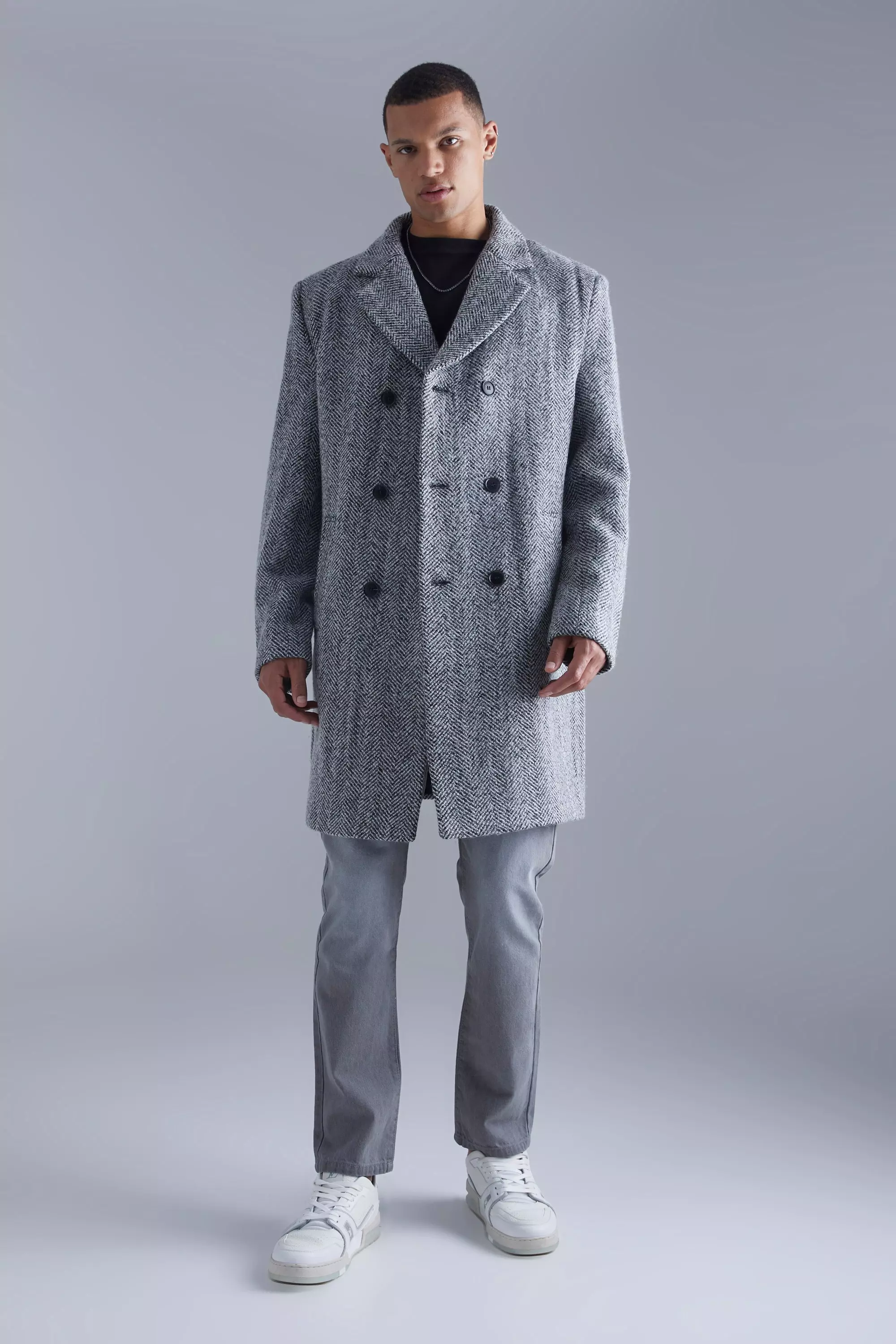 Tall Wool Look Herringbone Overcoat Black