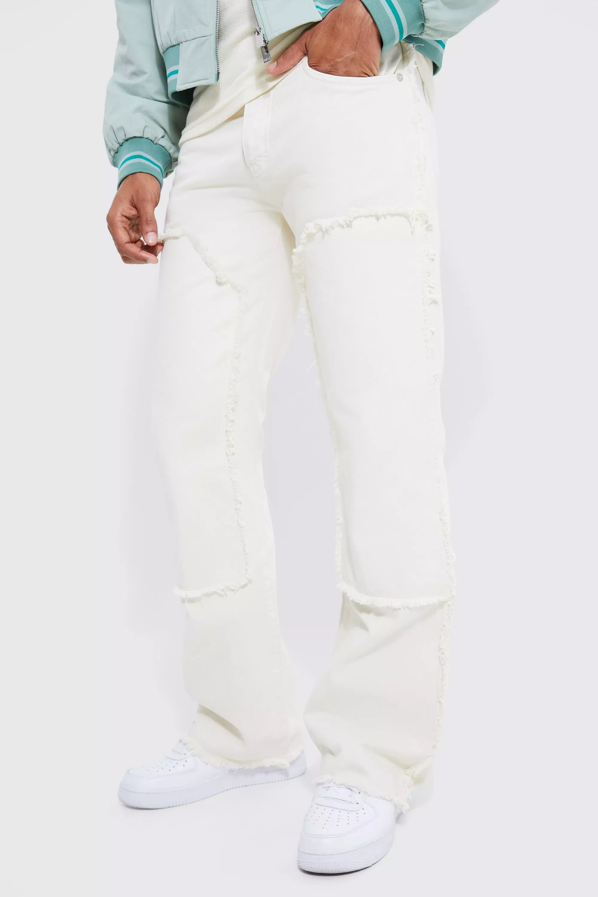 Baggy Rigid Flare Jeans With Frayed Worker Panel Ecru