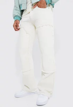 Baggy Rigid Flare Jeans With Frayed Worker Panel Ecru