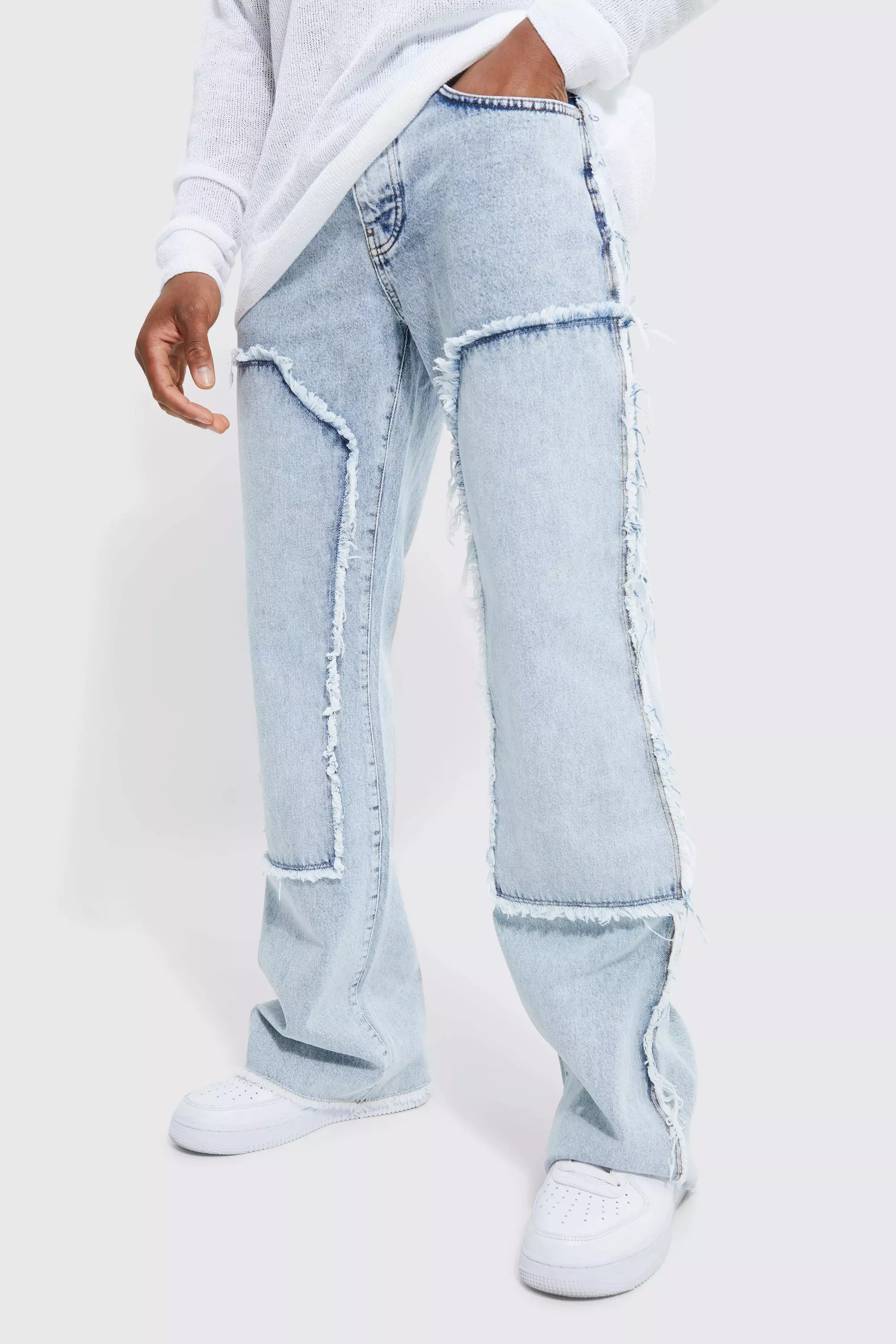 Baggy Rigid Flare Jeans With Frayed Worker Panel Ice blue