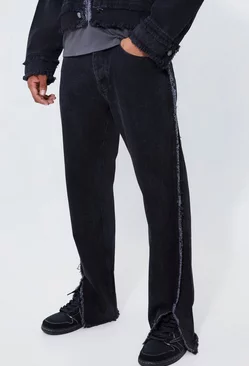 Relaxed Fit Frayed Seam Jeans With Split Hem Washed black