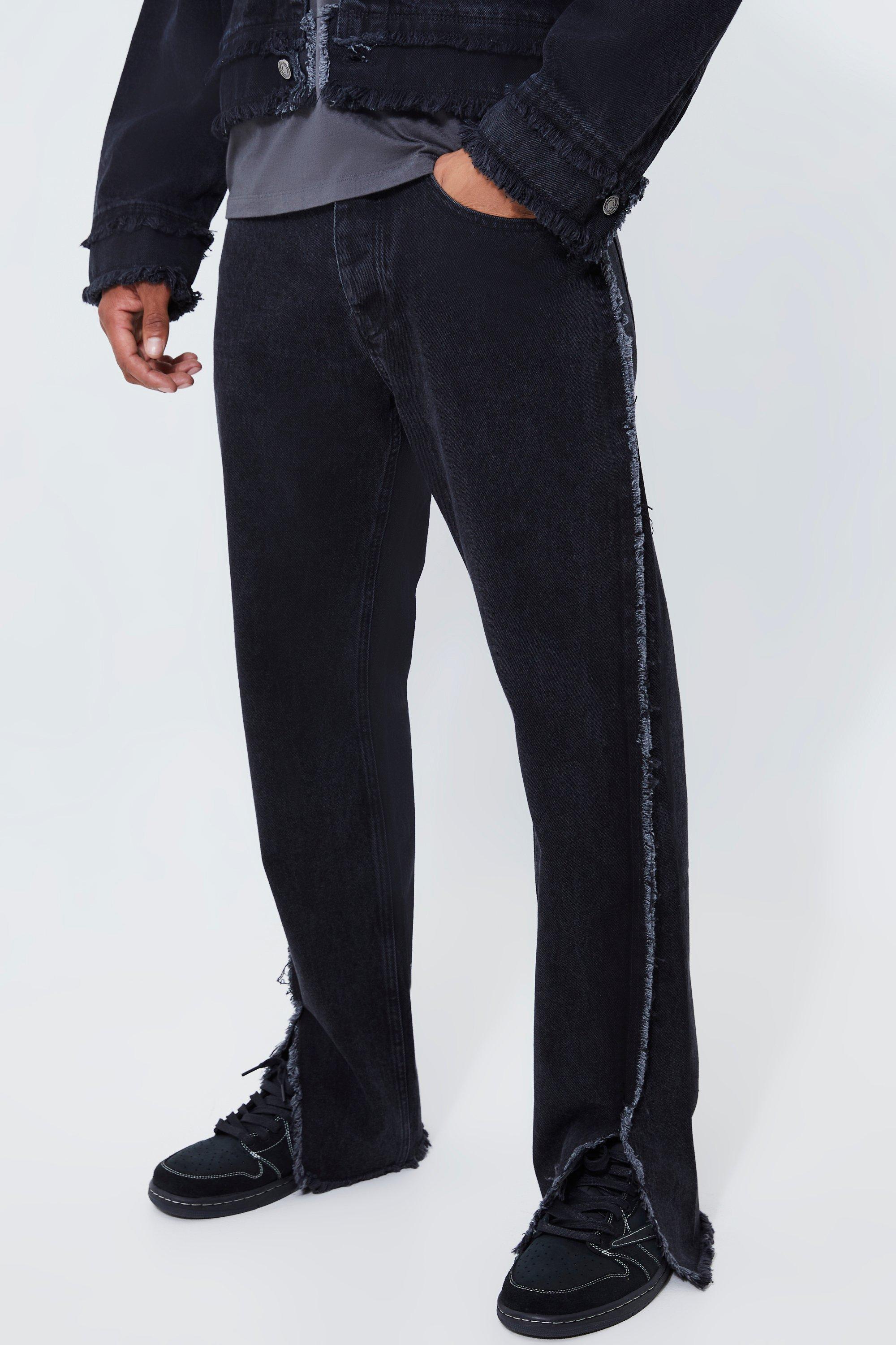 Relaxed Fit Frayed Seam Jeans With Split Hem