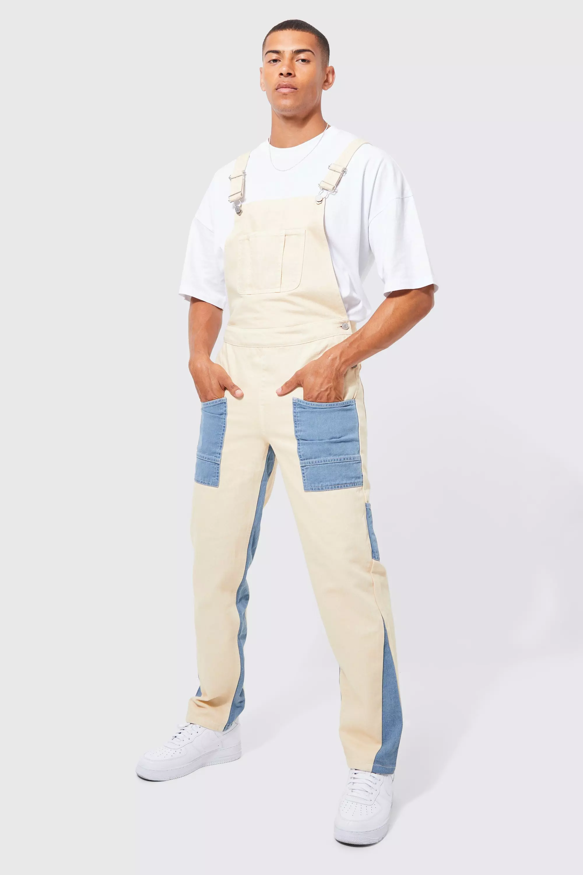 Stone Beige Relaxed Fit Overdye Panel Overalls