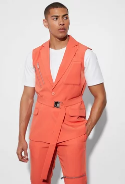 Orange Single Breasted Sleeveless Suit Jacket