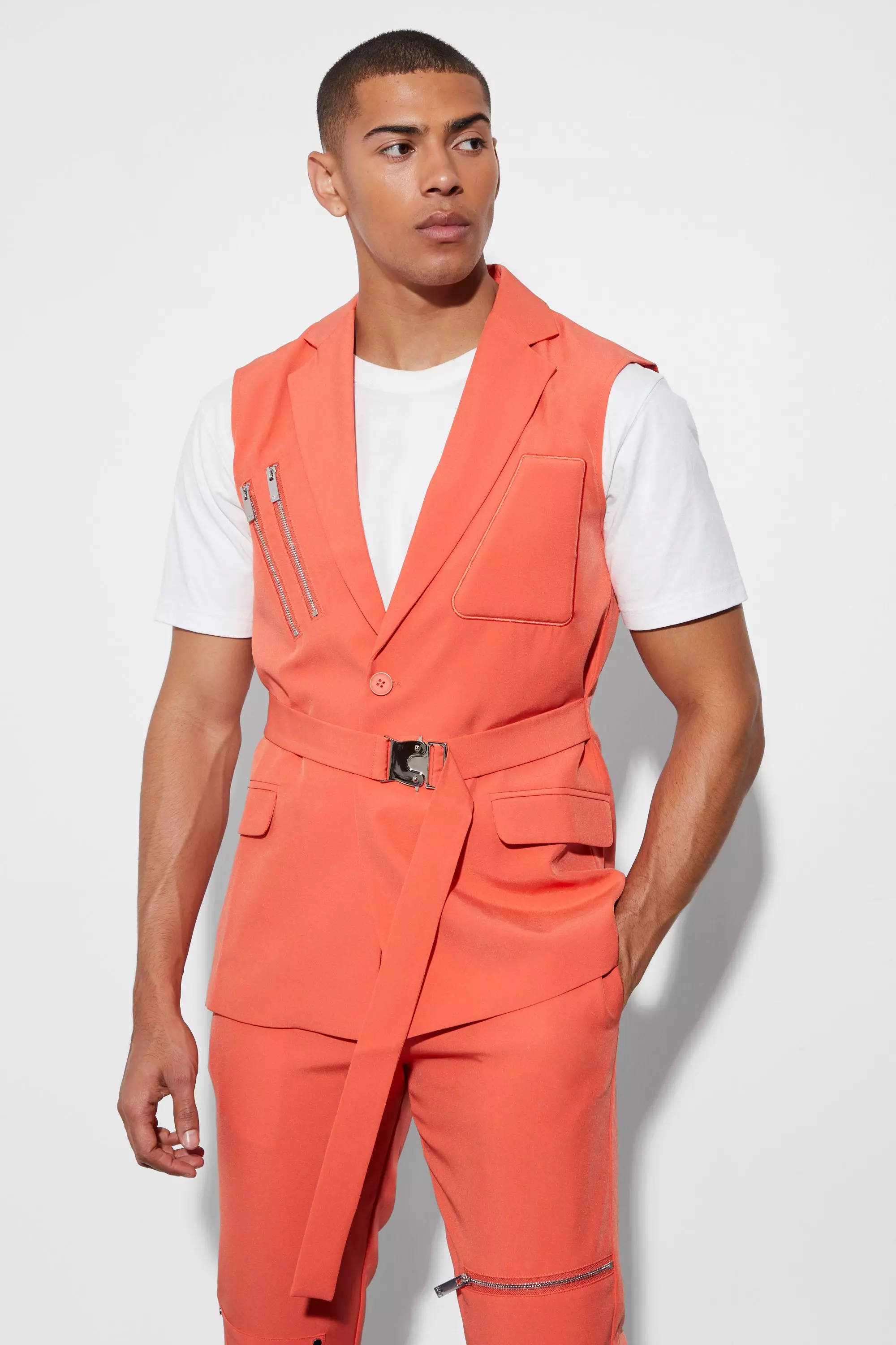 Orange Single Breasted Sleeveless Suit Jacket