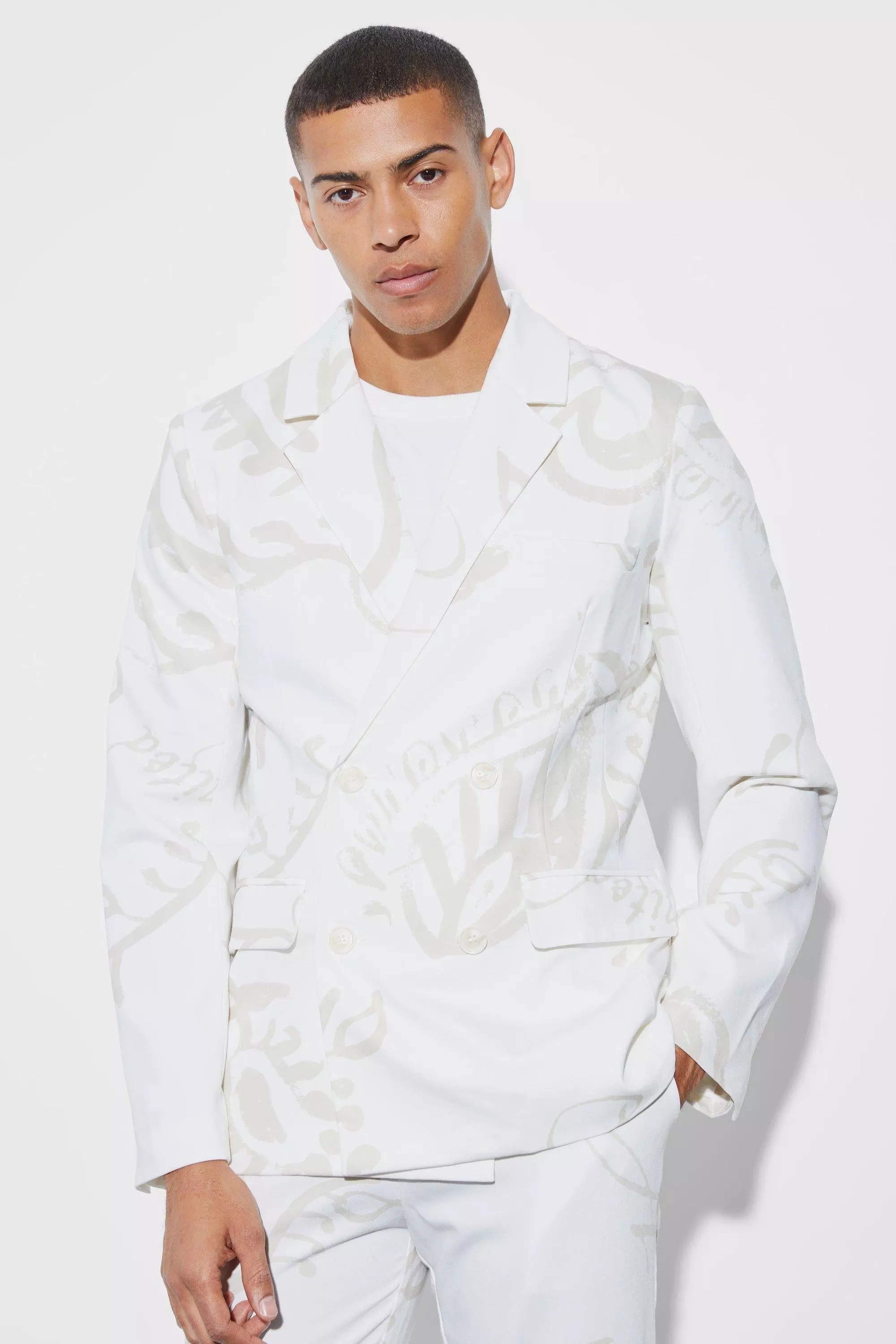 Ecru Slim Double Breasted Paisley Suit Jacket alternative image