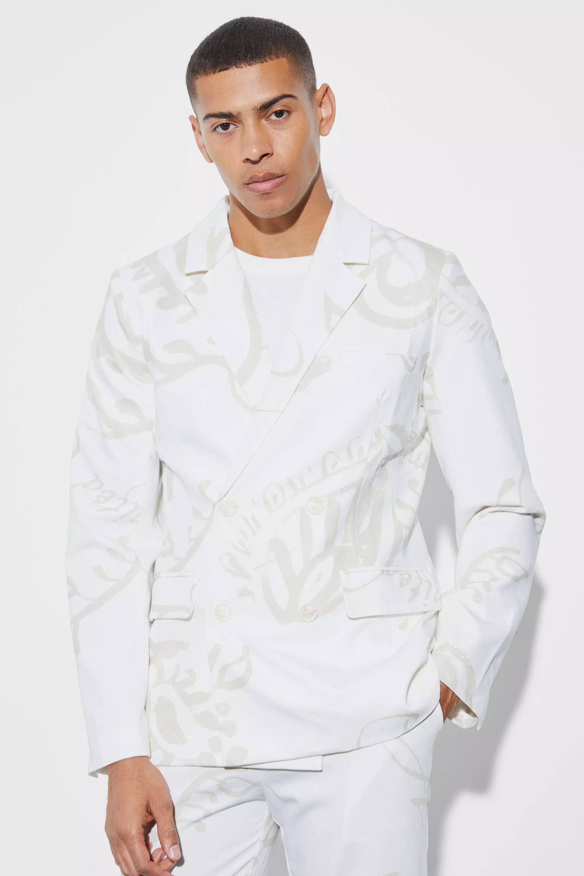 Ecru White Slim Double Breasted Paisley Suit Jacket